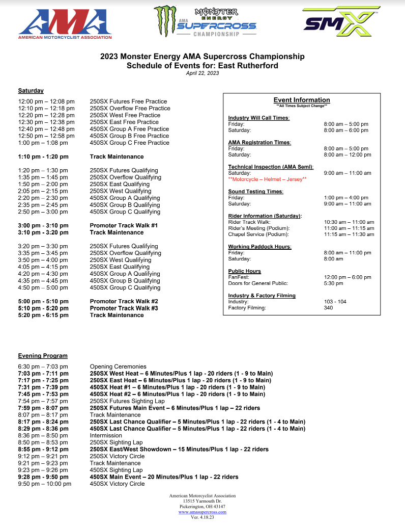 2023 East Rutherford SX Schedule