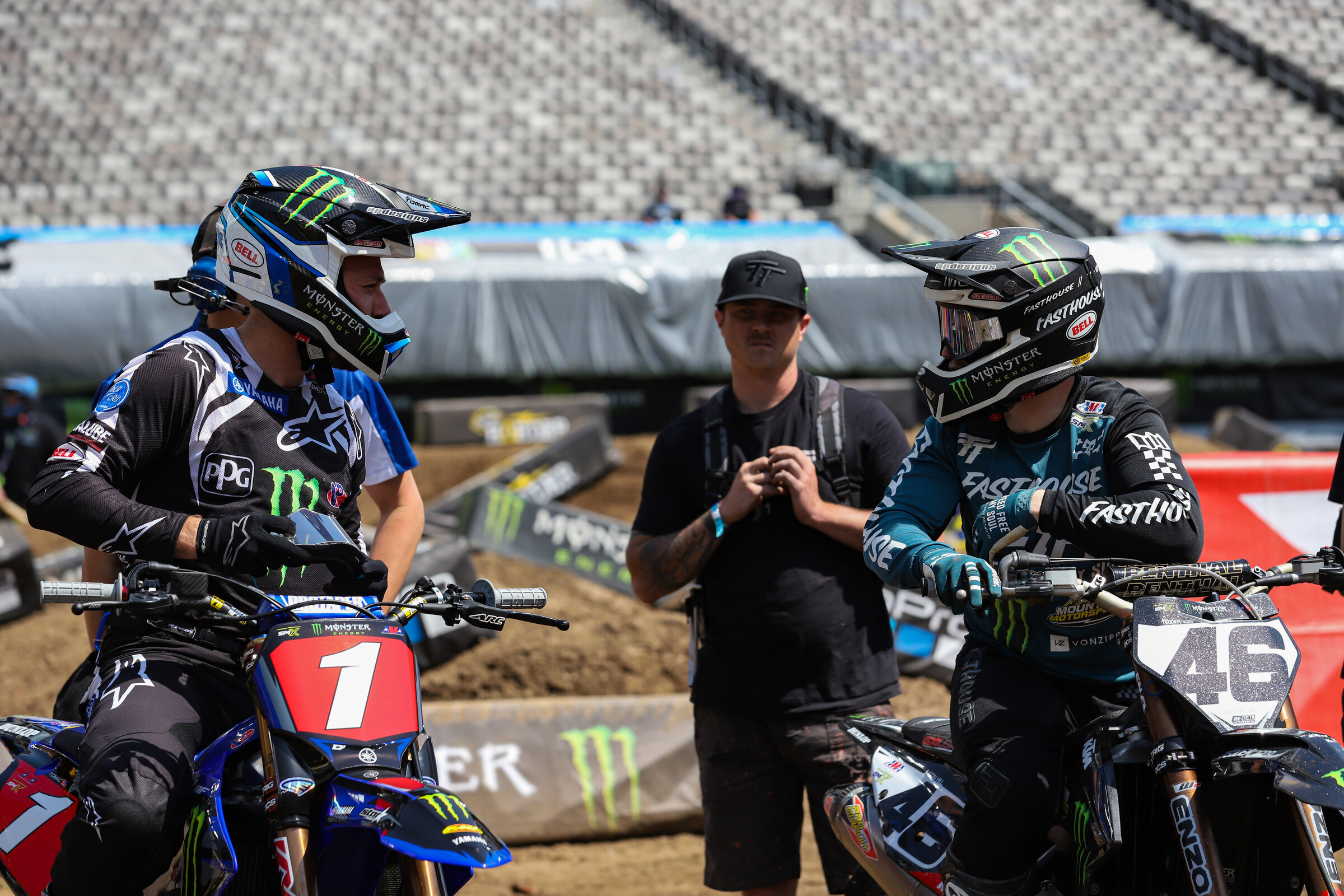 Eli Tomac and Justin Hill chat before the media day riding session.