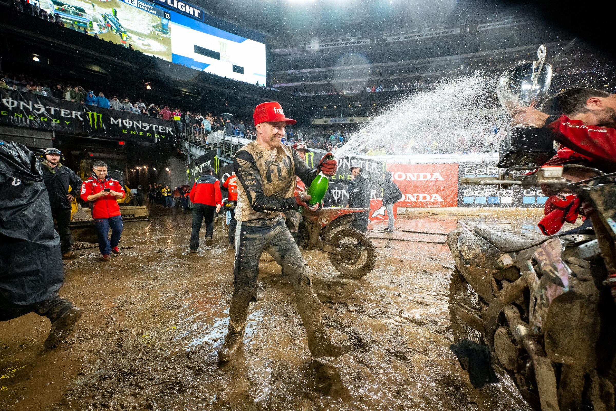 Max Anstie celebrating his maiden 250SX main event win.