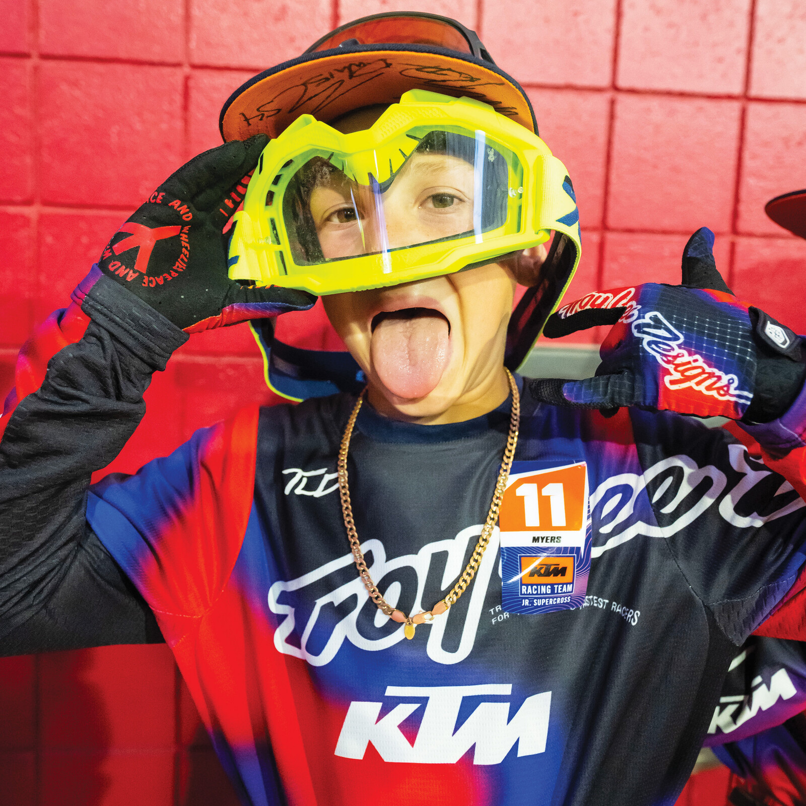 KTM Jr. SX rider Dylan Myers is still learning proper goggle placement.
