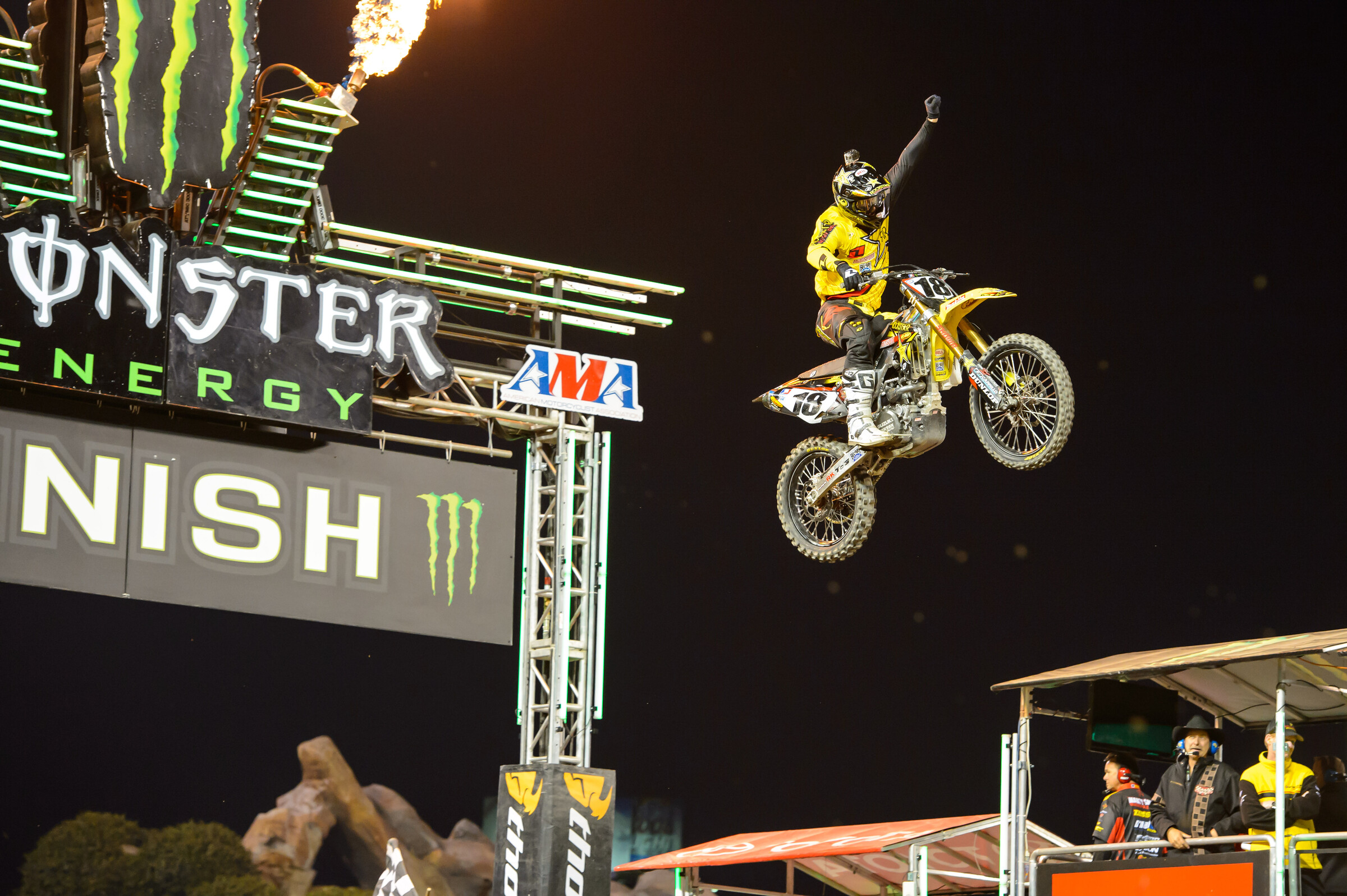 Davi Millsaps taking the checkered flag at the 2013 Anaheim 1 SX.