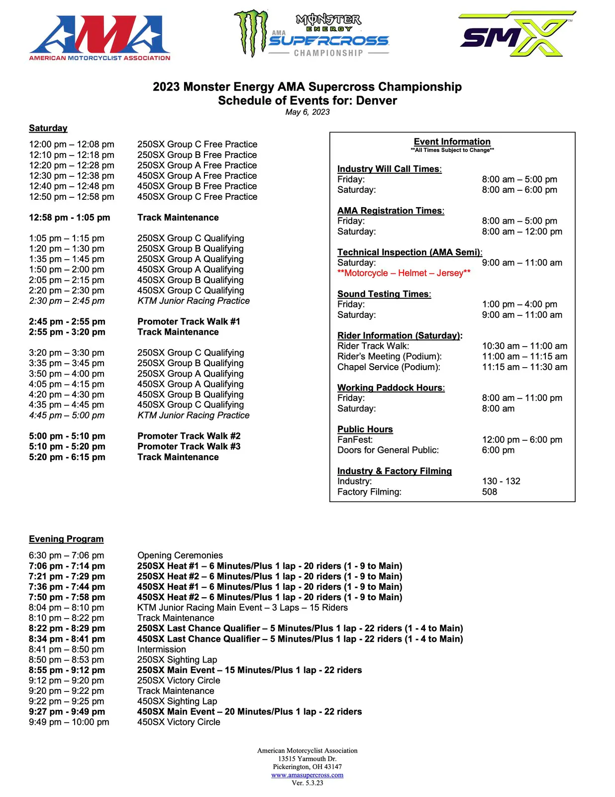 2023 Denver SX Schedule