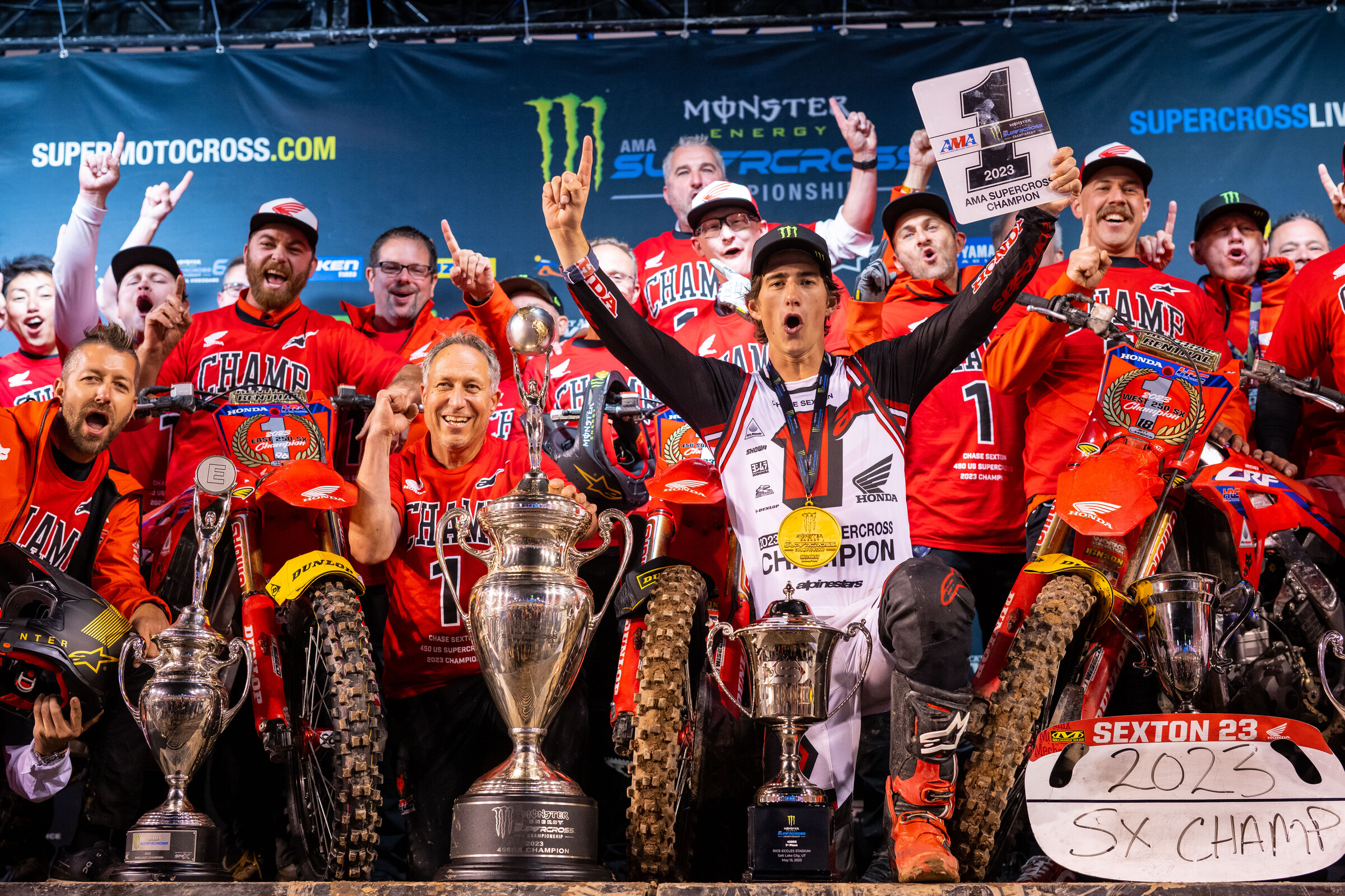 Chase Sexton and Honda HRC celebrate the 2023 Monster Energy AMA Supercross Championship.