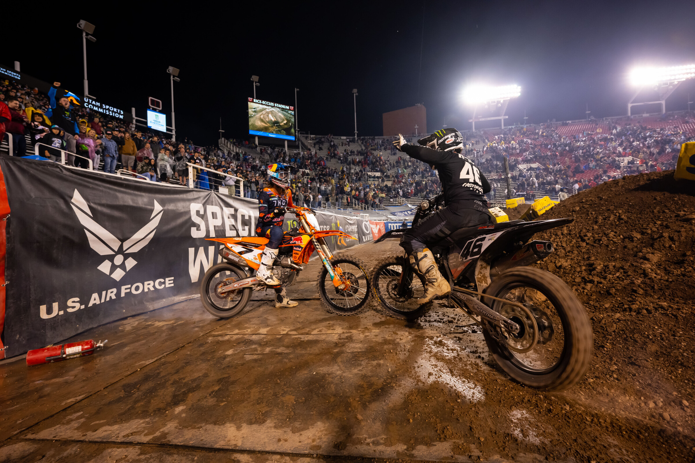 Aaron Plessinger and Justin Hill celebrate their podium results.