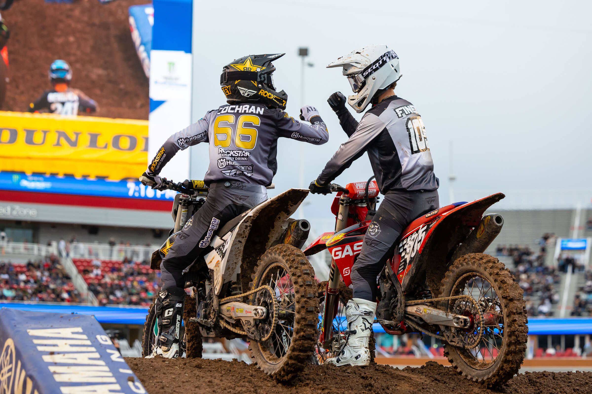 Casey Cochran and Mark Fineis celebrate at the Supercross Futures National Championship event in Salt Lake City. Next up comes motocross.