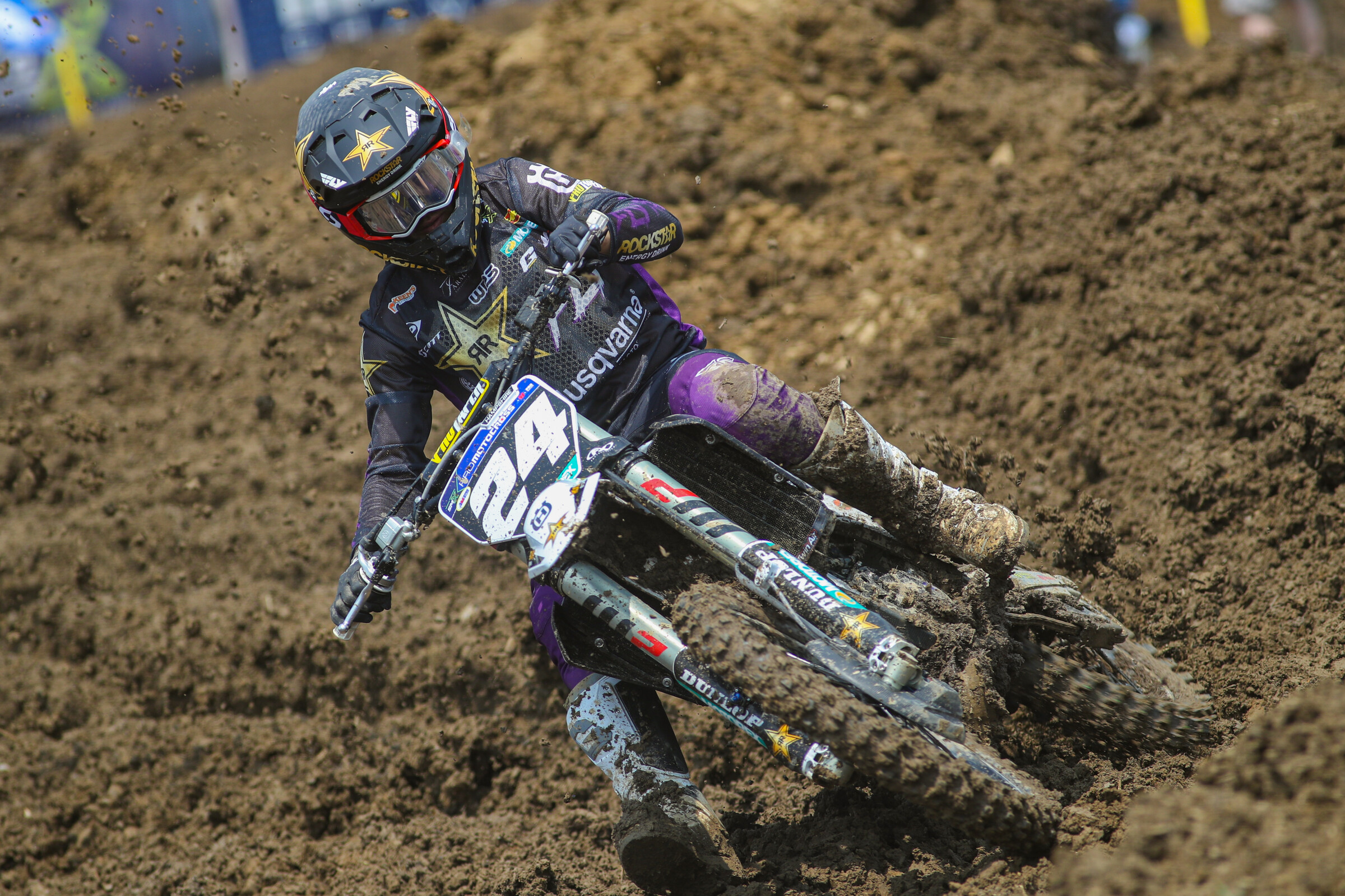 RJ Hampshire managed to keep his Husqvarna FC 250 clean for the early portions of the first moto. Despite a crash, he made a last-lap pass to claim the moto win in the first race.