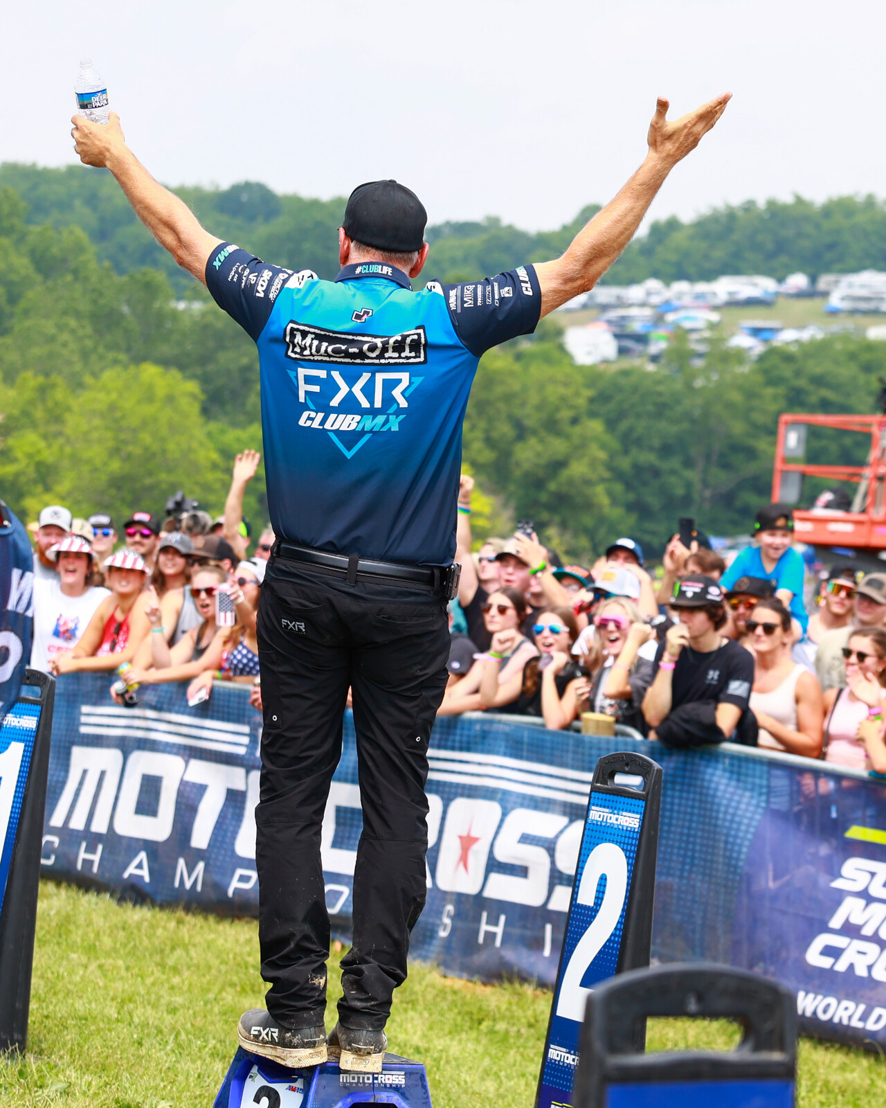 ClubMX's Mike Bonacci celebrates Marchbanks second-place finish in the first moto.