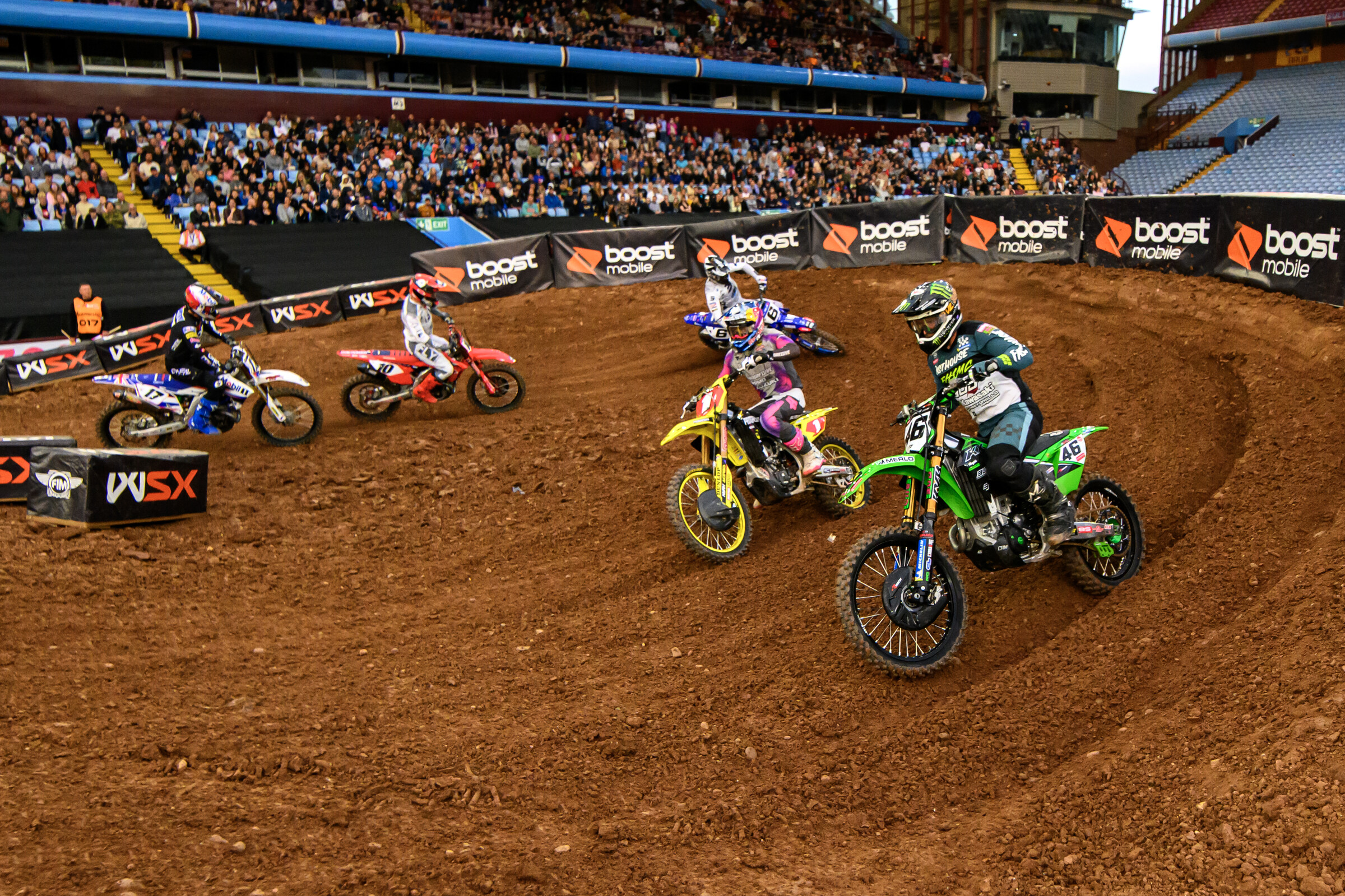 Justin Hill (46) leads Roczen, Thomas Ramette, Justin Brayton and Joey Savatgy. Hill overcame everyone to score the top time in the SuperPole lap time battle.