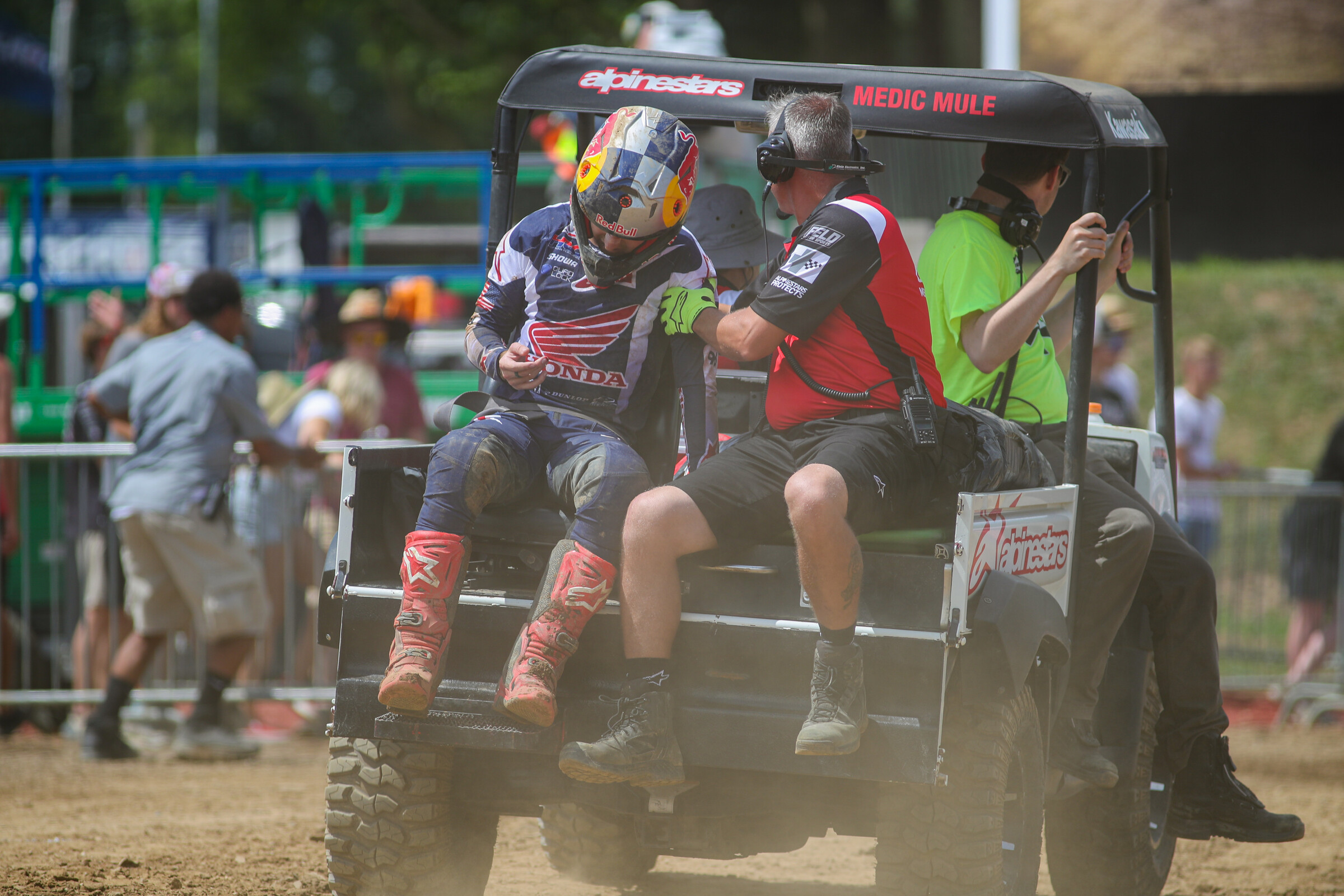 The championship leader's day ended early, but the team's initial report is that he does not have any broken bones or serious injuries.