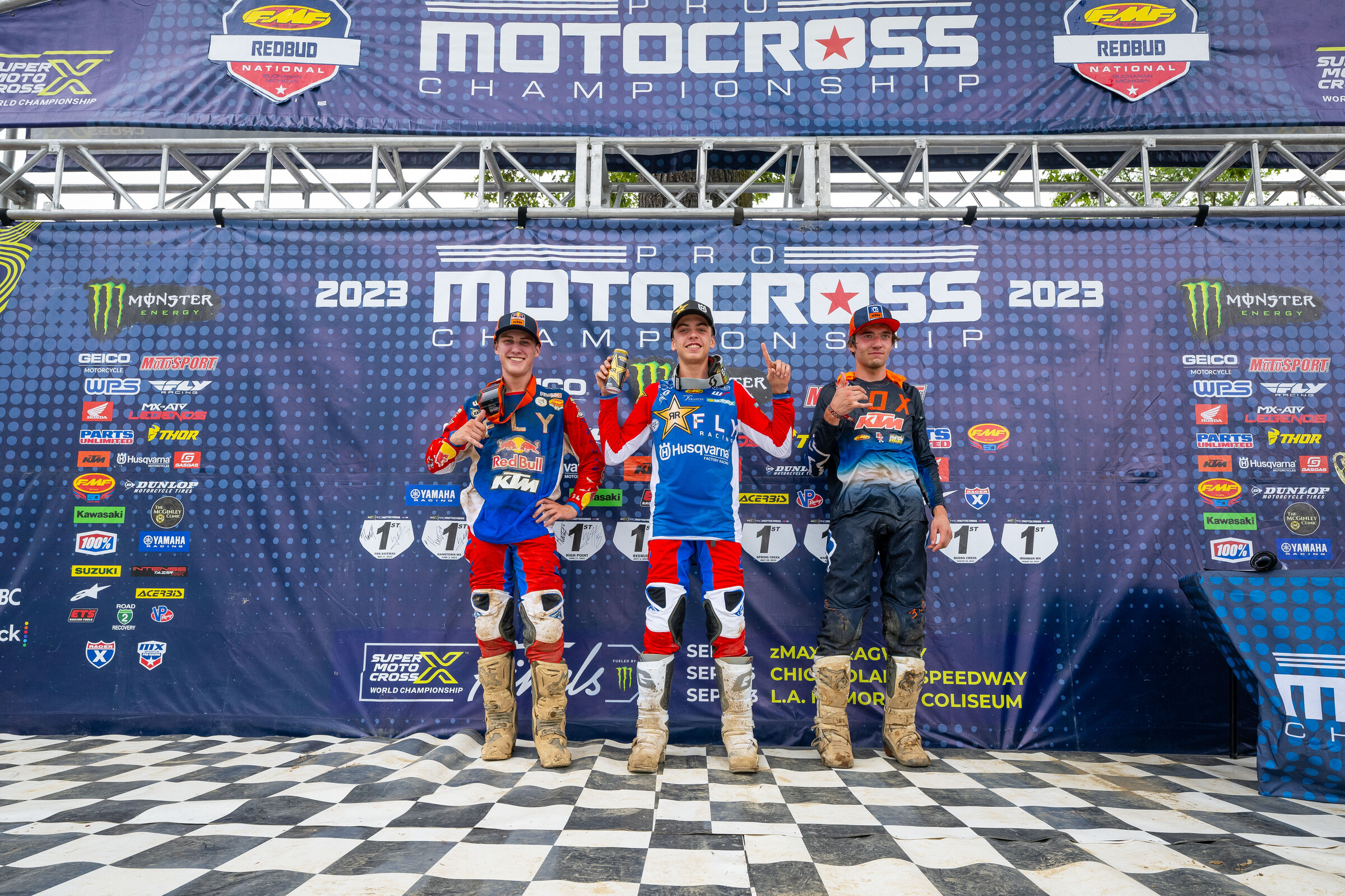 The MX Sports Scouting Moto Combine overall podium: Casey Cochran (center, Husqvarna), Ryder McNabb (left, KTM), and Preston Boespflug (right, KTM).