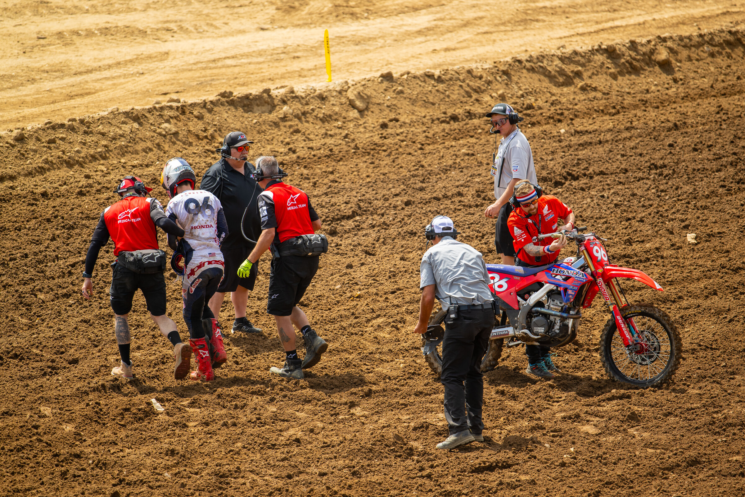 Hunter Lawrence after a big crash off the start of 250 moto 2.