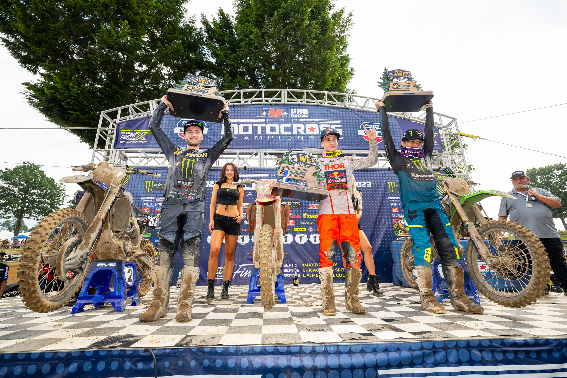 The 250 Class overall podium: Tom Vialle, Justin Cooper, and Jo Shimoda.
