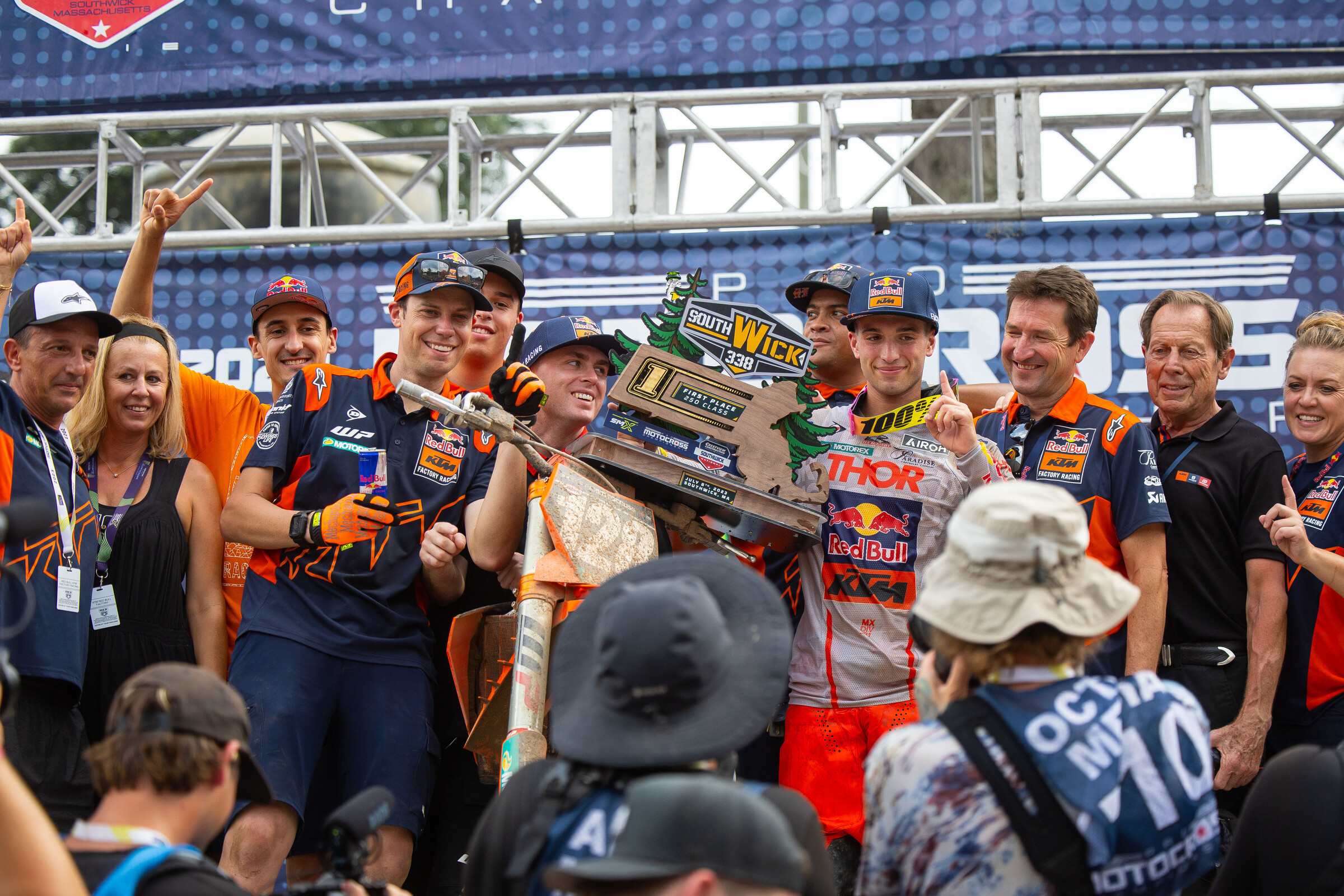 Red Bull KTM Factory Racing celebrating Tom Vialle's 250 class overall win.