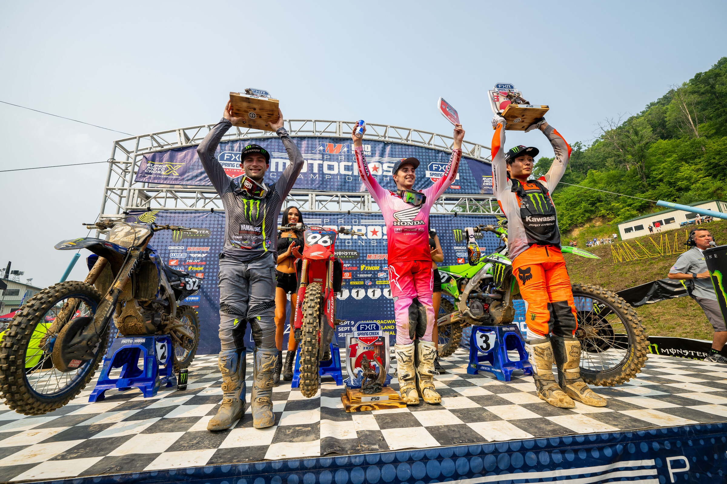 The 250 Class overall podium: Hunter Lawrence, Justin Cooper, and Jo Shimoda.