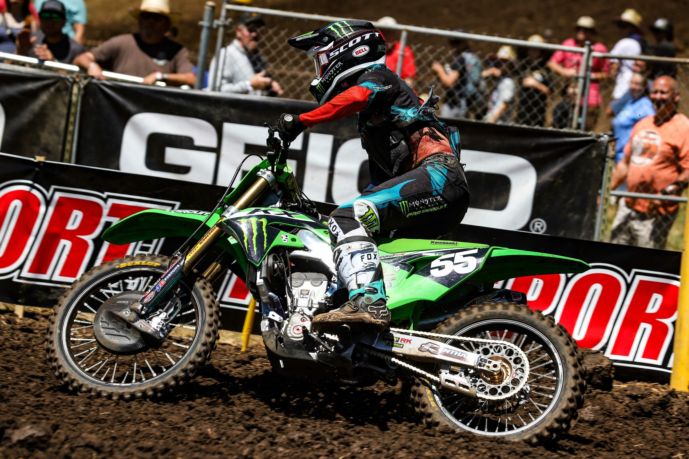 Austin Forkner had a scary crash on the start in the first moto and was momentarily sucked into the rear wheel of another bike.