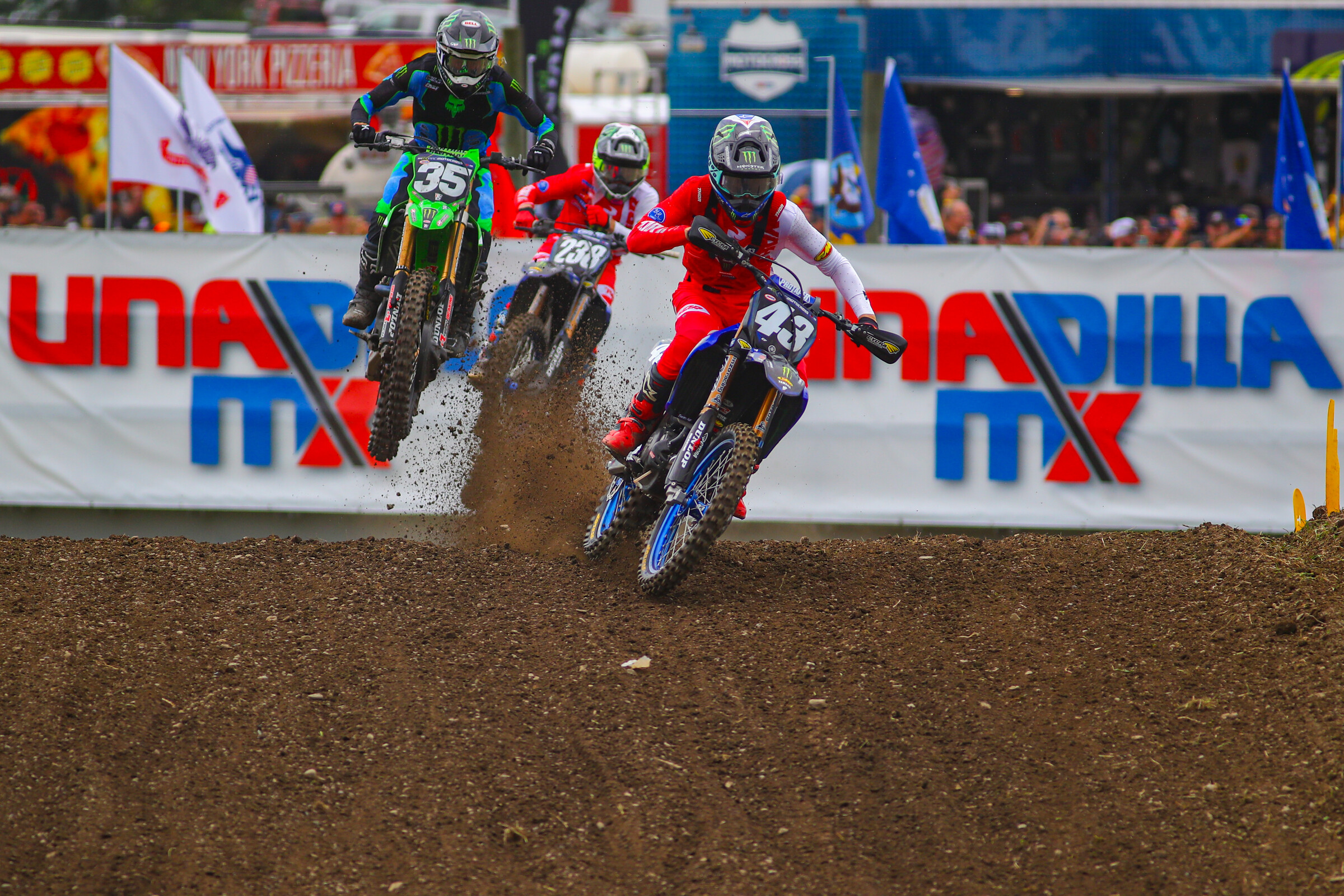 Levi Kitchen, Seth Hammaker, and Haiden Deegan on the start of the first 250 Class moto.