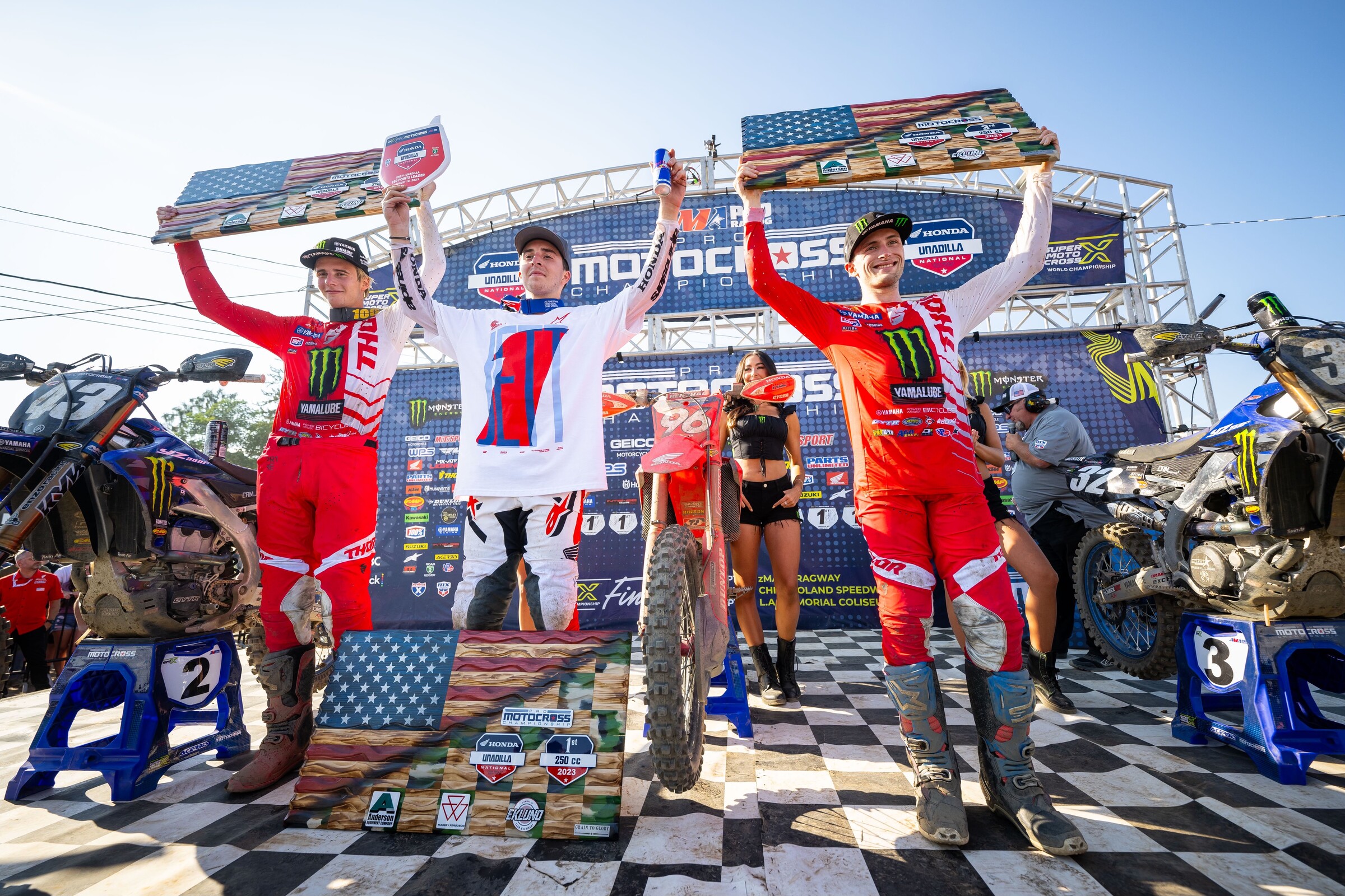 The 250 Class overall podium: Hunter Lawrence, Levi Kitchen, and Justin Cooper.