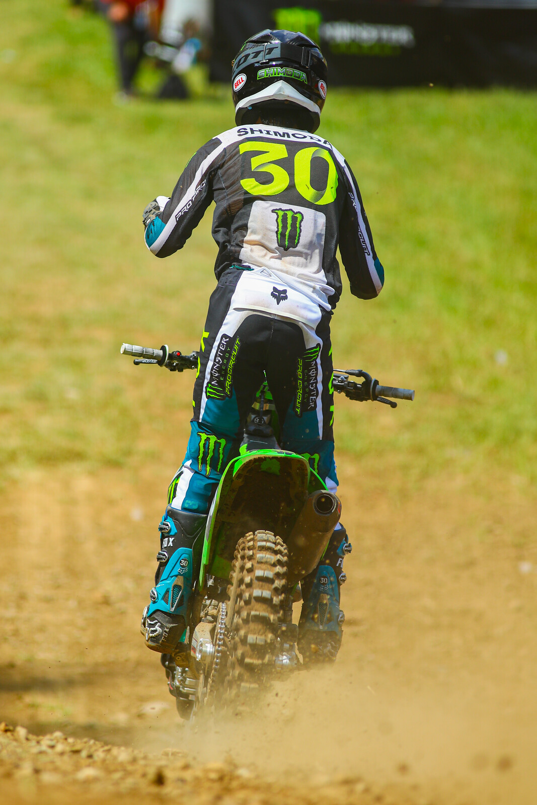 Jo Shimoda celebrates his first career 1-1 day in Pro Motocross with two big fist pumps.