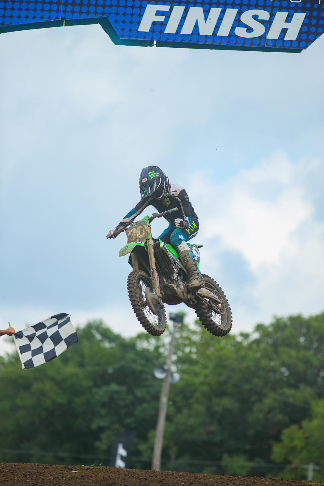 Shimoda taking the checkered flag in the second moto at Ironman Raceway.