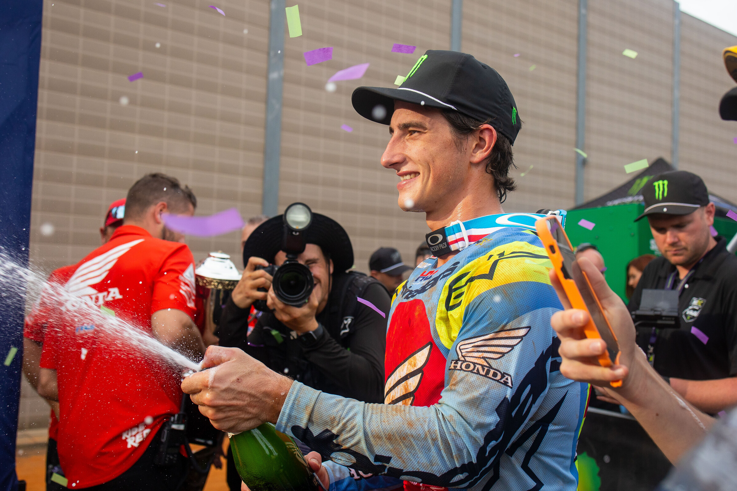 Chase Sexton celebrates sweeping the Charlotte round of SMX.