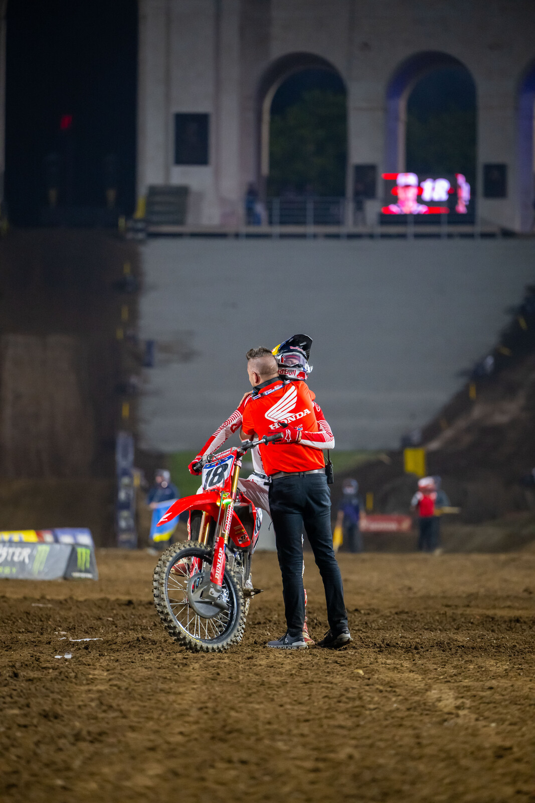 Jett Lawrence and Honda HRC team manager Lars Lindstrom.