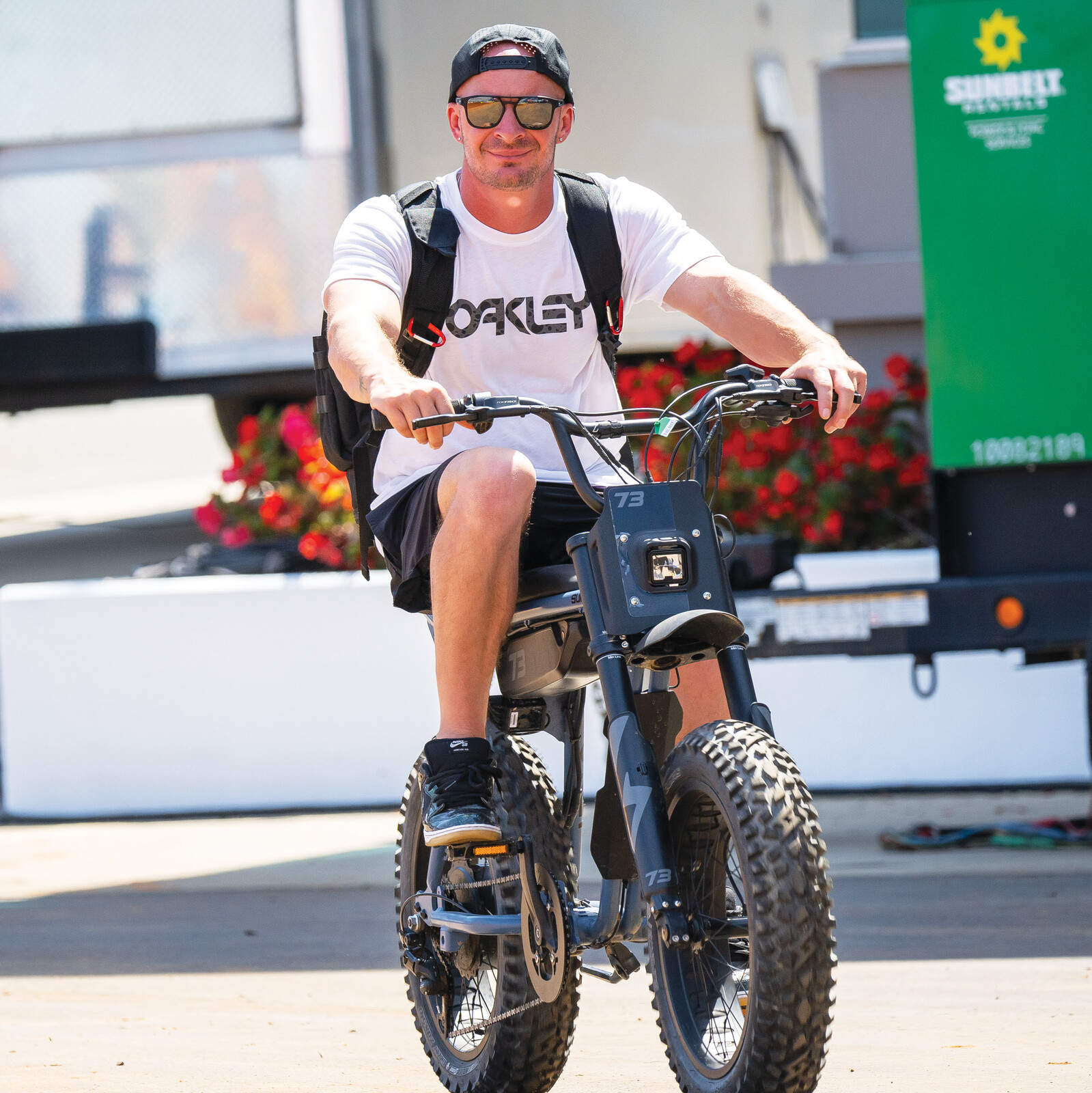 Oakley’s Aaron Cain cruises on one mean pit bike.
