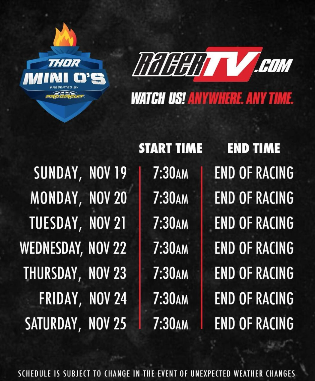 2023 THOR Mini O's broadcast schedule.