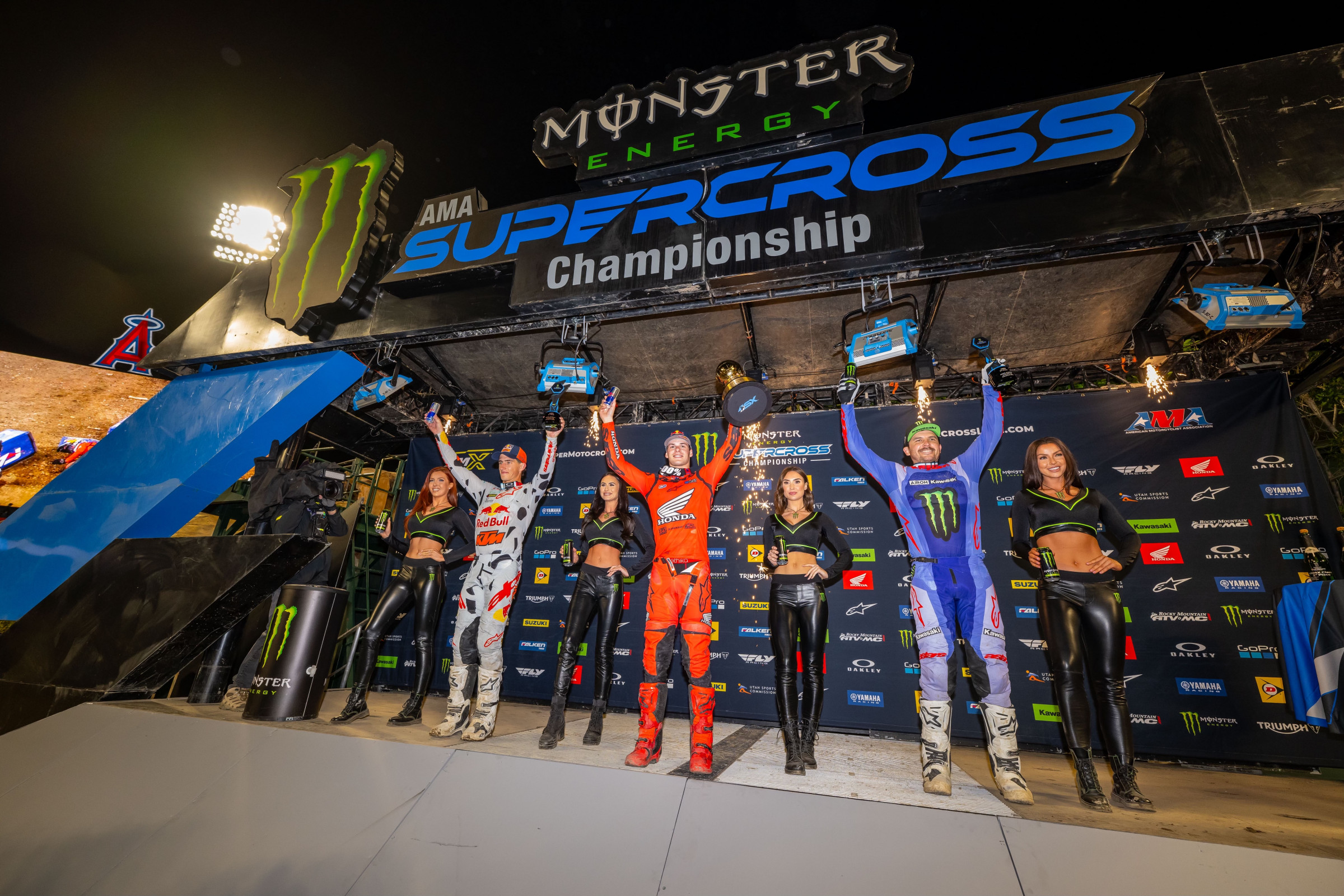 The 2024 Anaheim 1 Supercross 450SX podium.