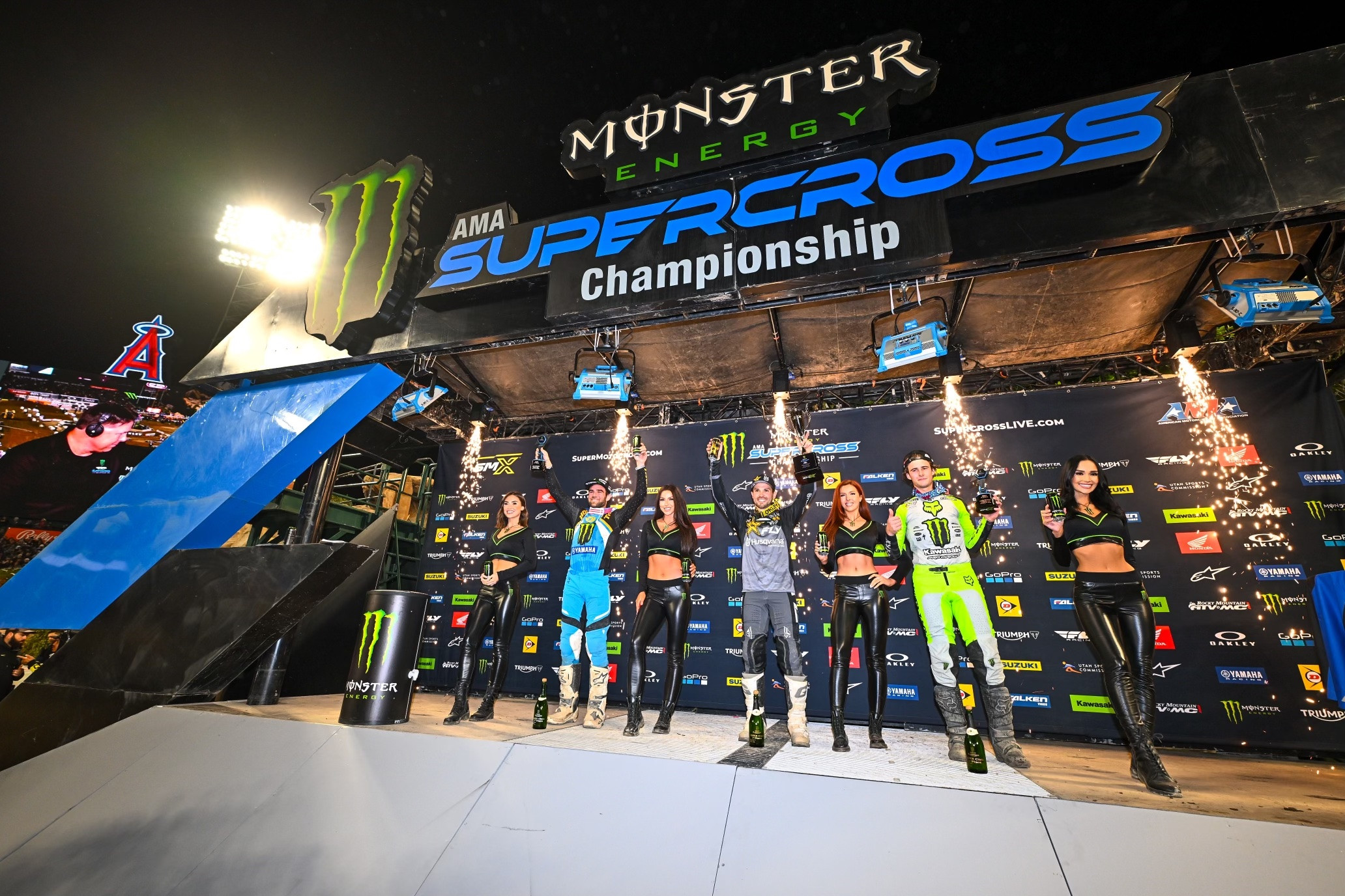 The 2024 Anaheim 1 Supercross 250SX podium.
