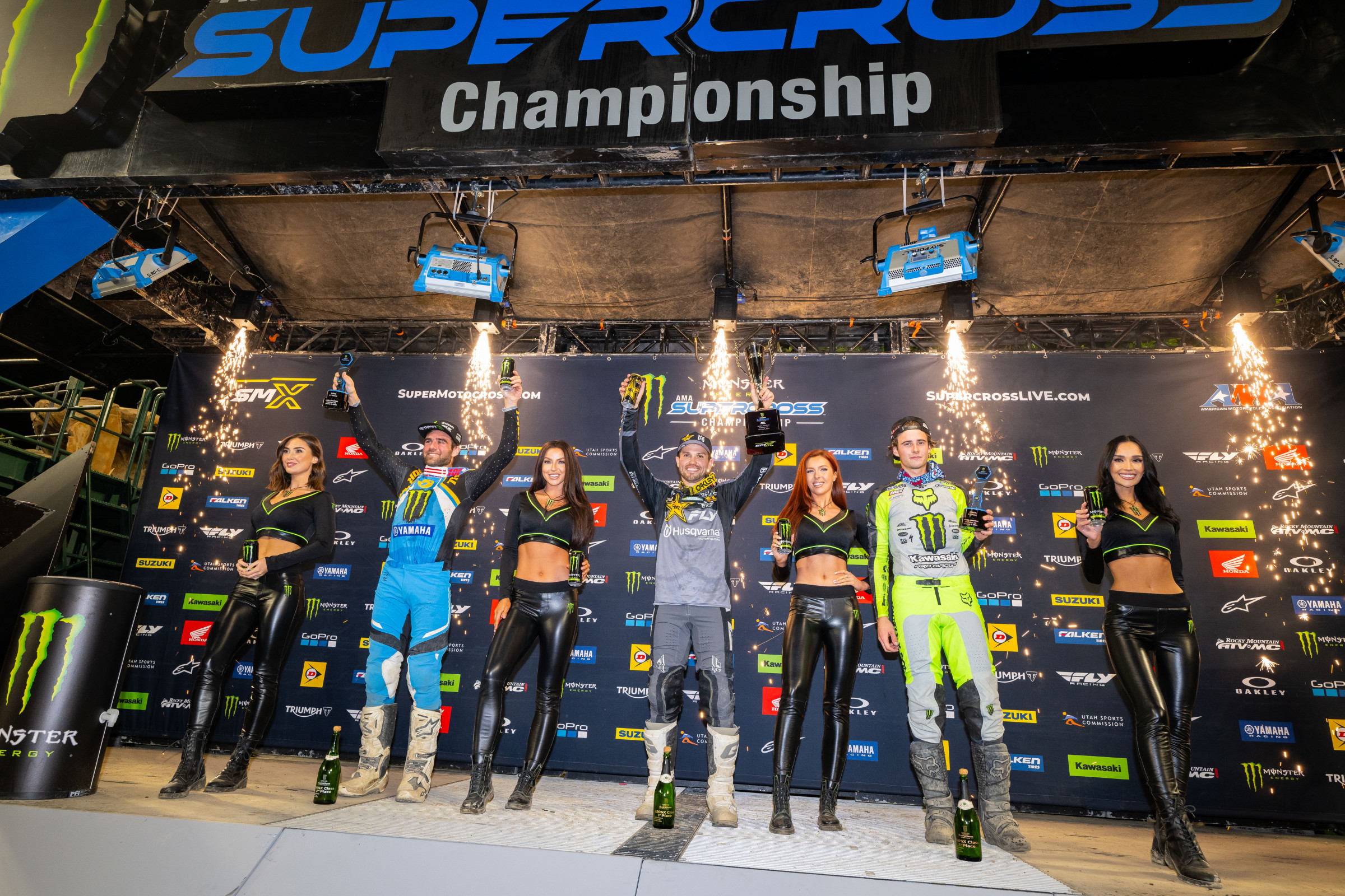 The 2024 Anaheim 1 Supercross 250SX podium.