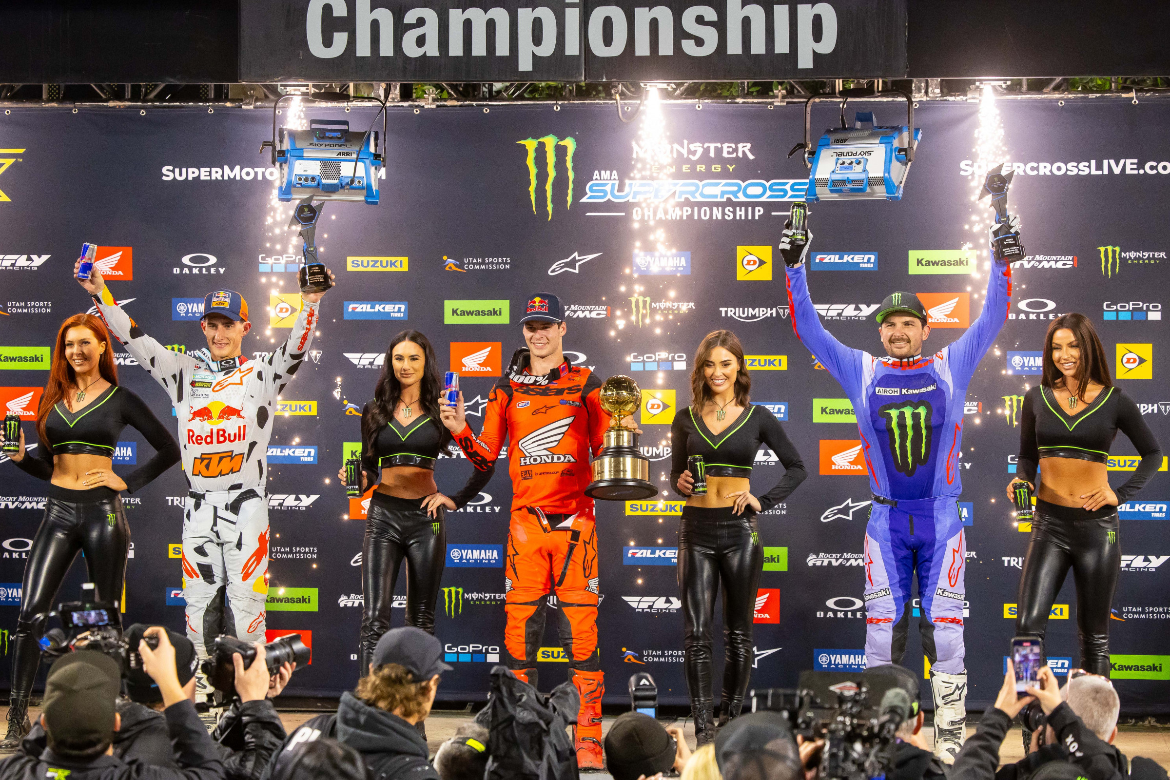 The 2024 Anaheim 1 Supercross 450SX podium.