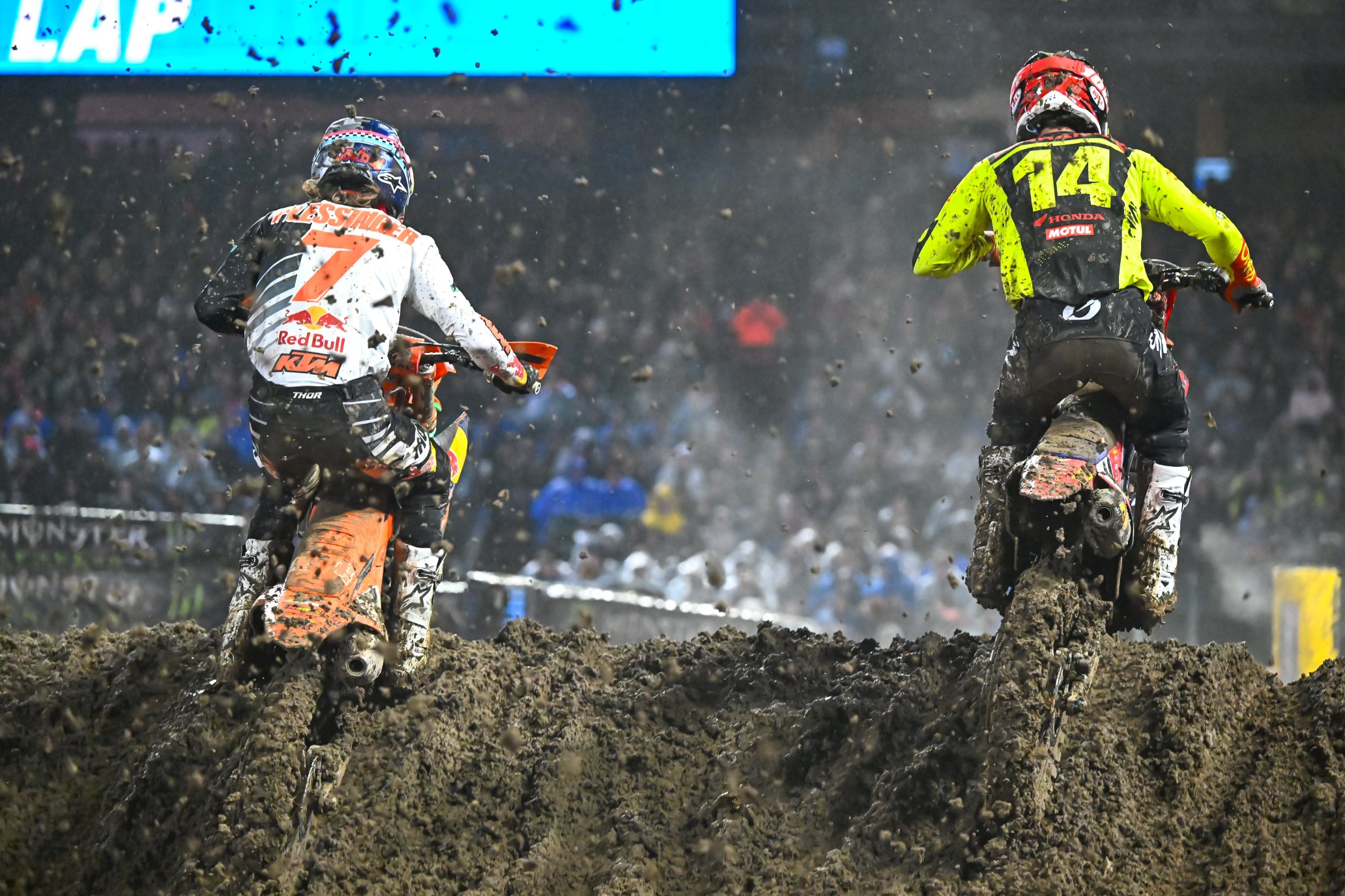 Aaron Plessinger and Dylan Ferrandis in their heat race.