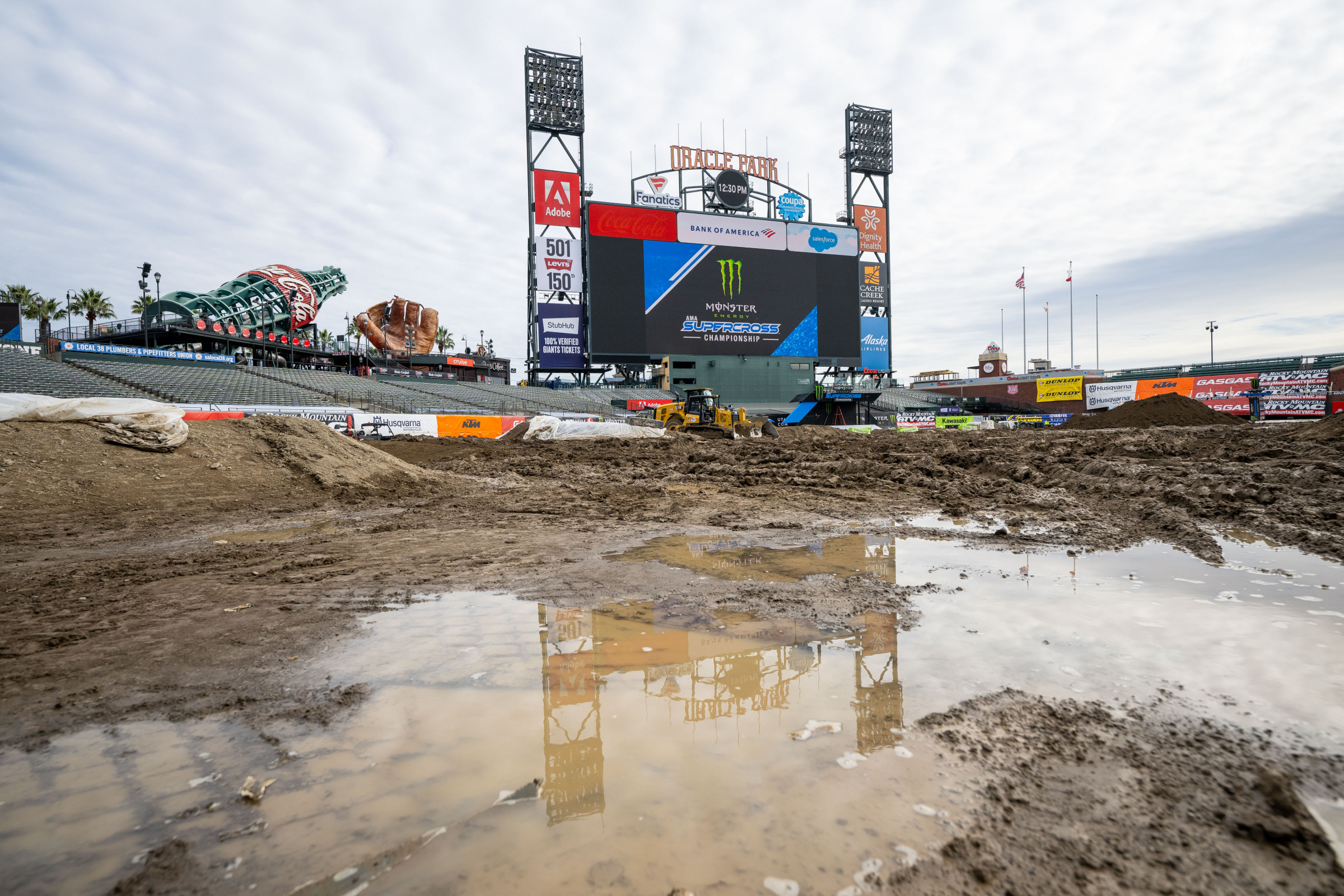 Track crew working hard to try to remove some of this water. 