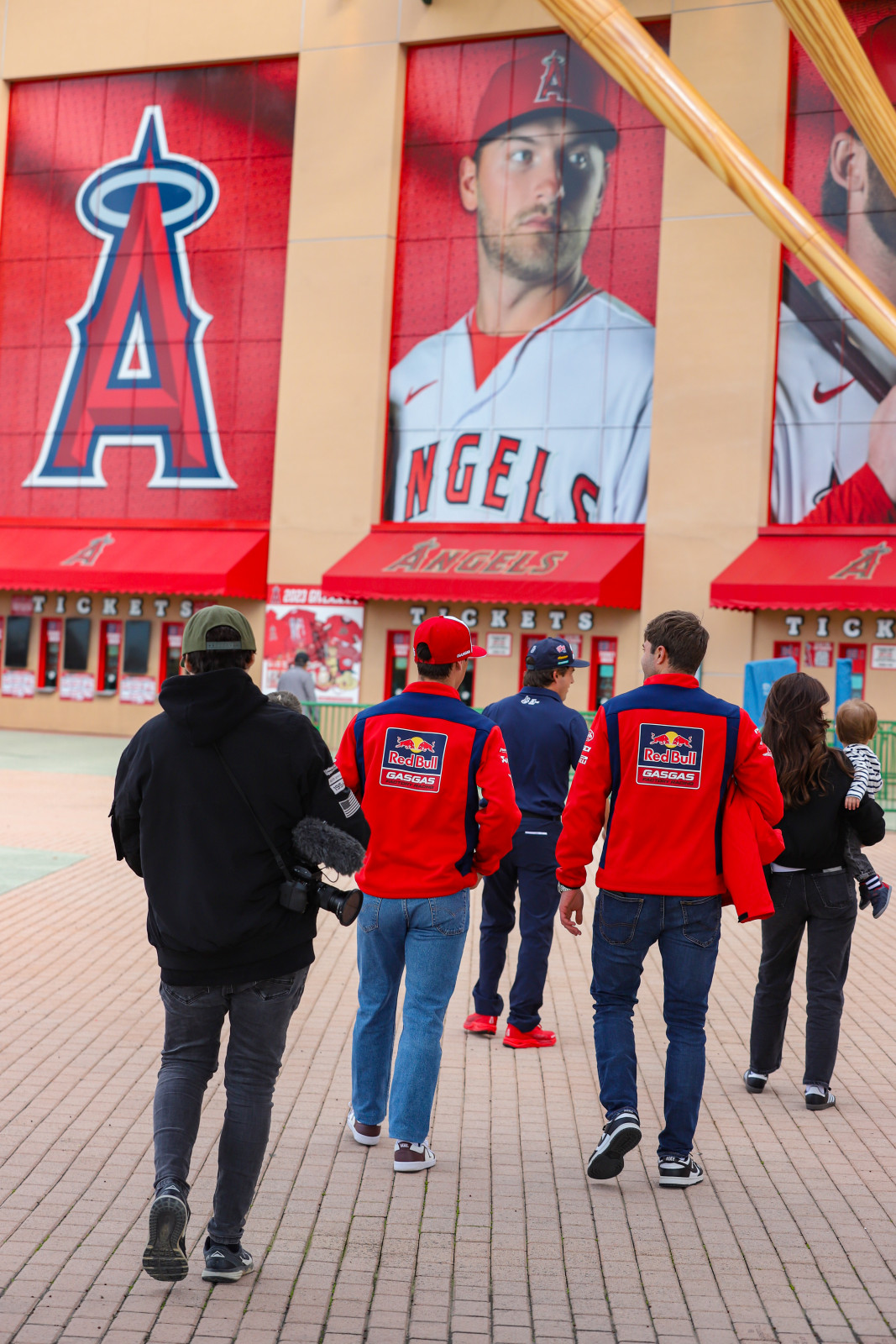 Jorge Prado arrives for the pre-race press conference at Angel Stadium.