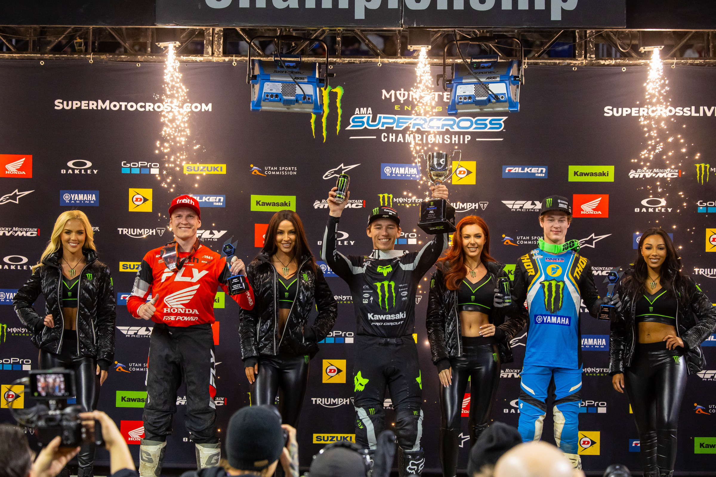 The 2024 Detroit Supercross 250SX podium.