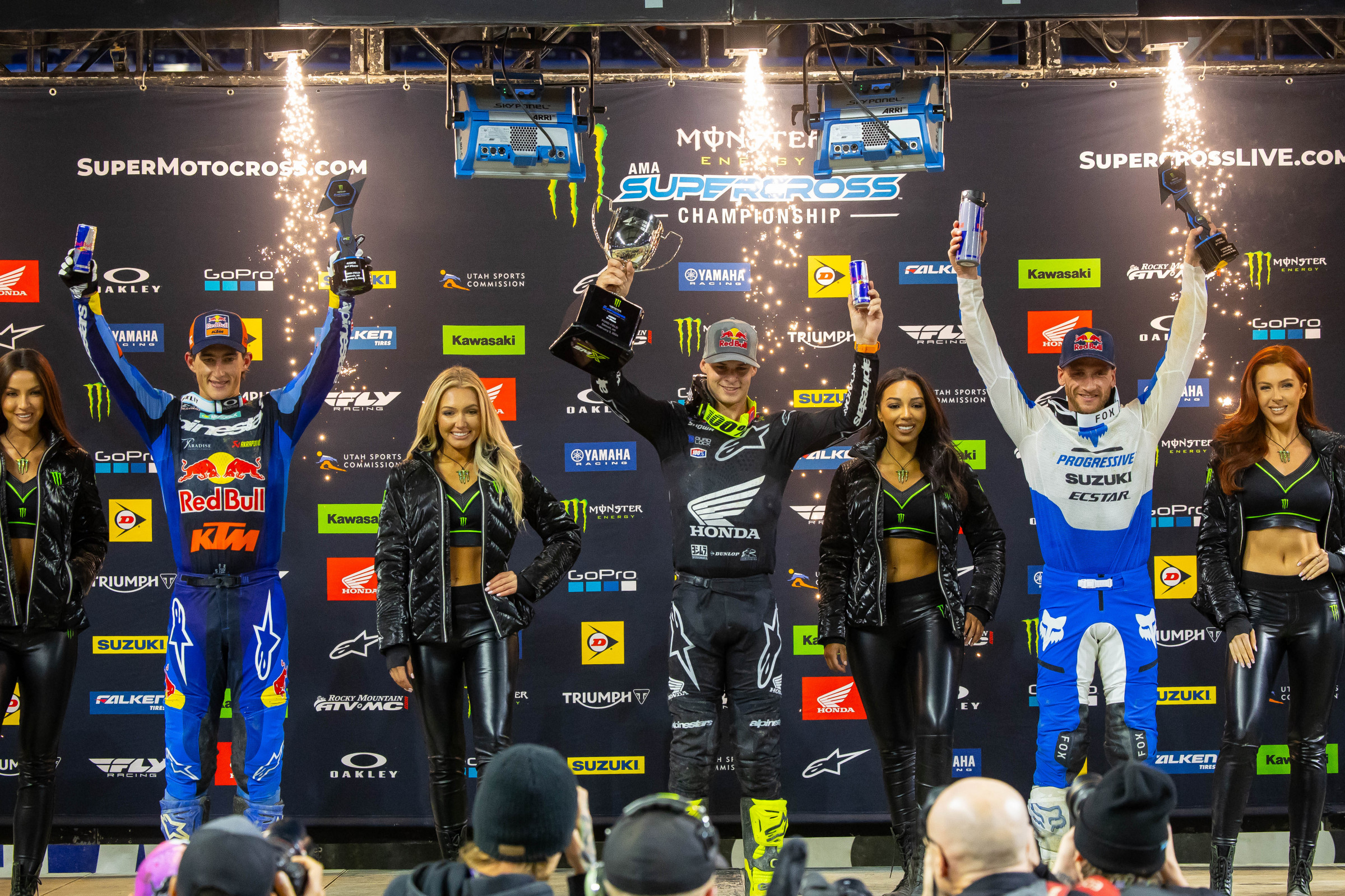 The 2024 Detroit Supercross 450SX podium.