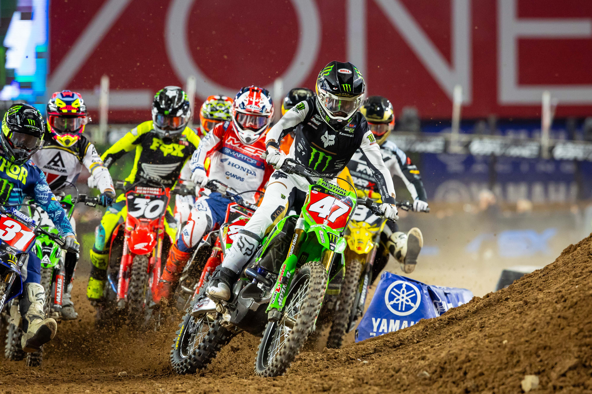 Levi Kitchen led the field into turn one.