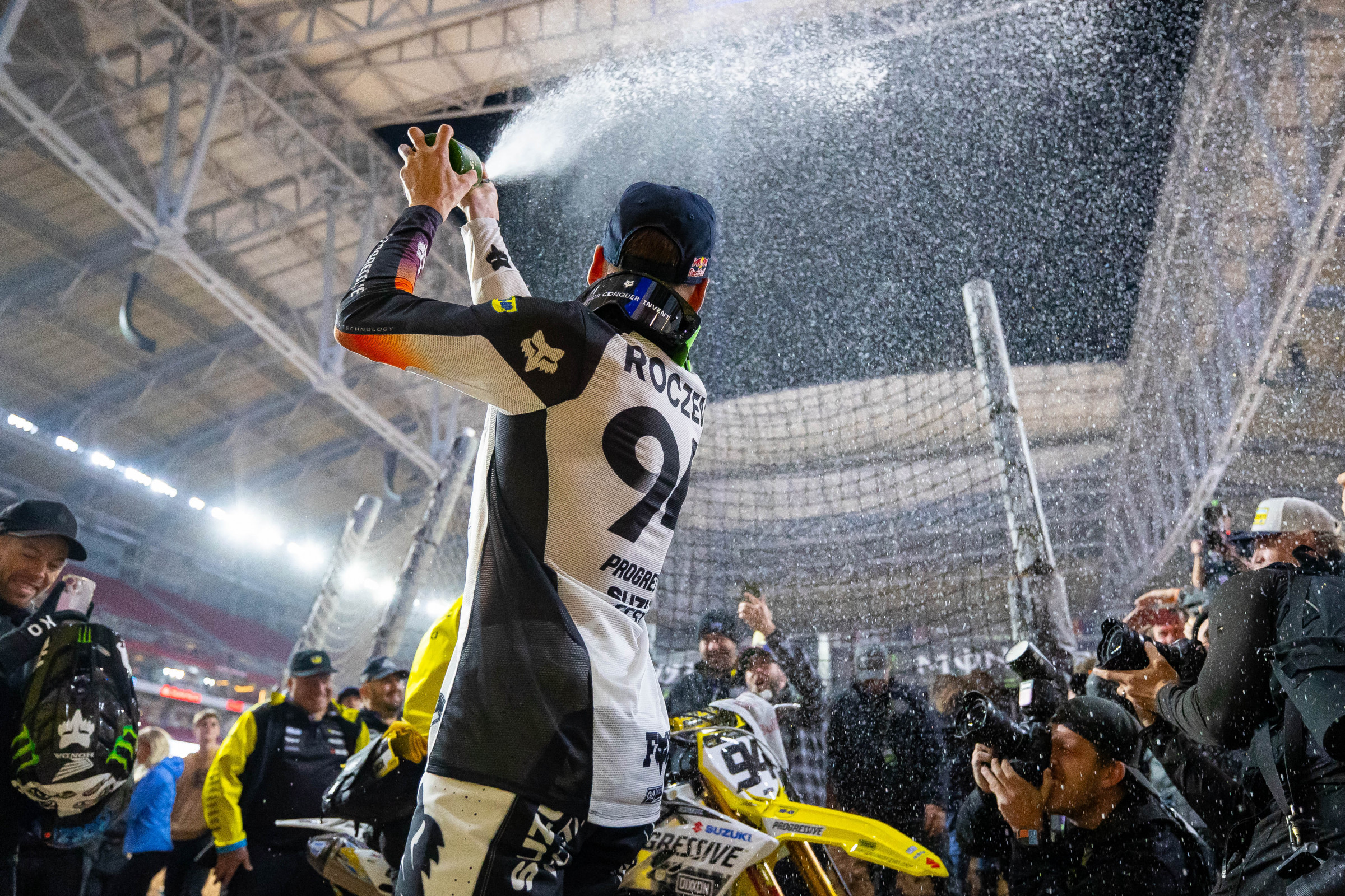 Ken Roczen celebrates his 22nd 450 Supercross win. 