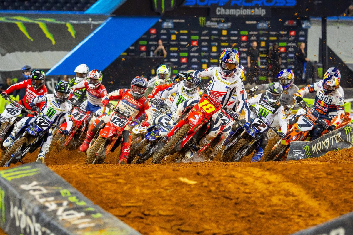 Jett Lawrence snagged the holeshot. At Anaheim 1 and Detroit he scored perfect nights with the fastest qualifying time, heat and main event wins and the holeshot. He couldn't quite complete that trick this time.