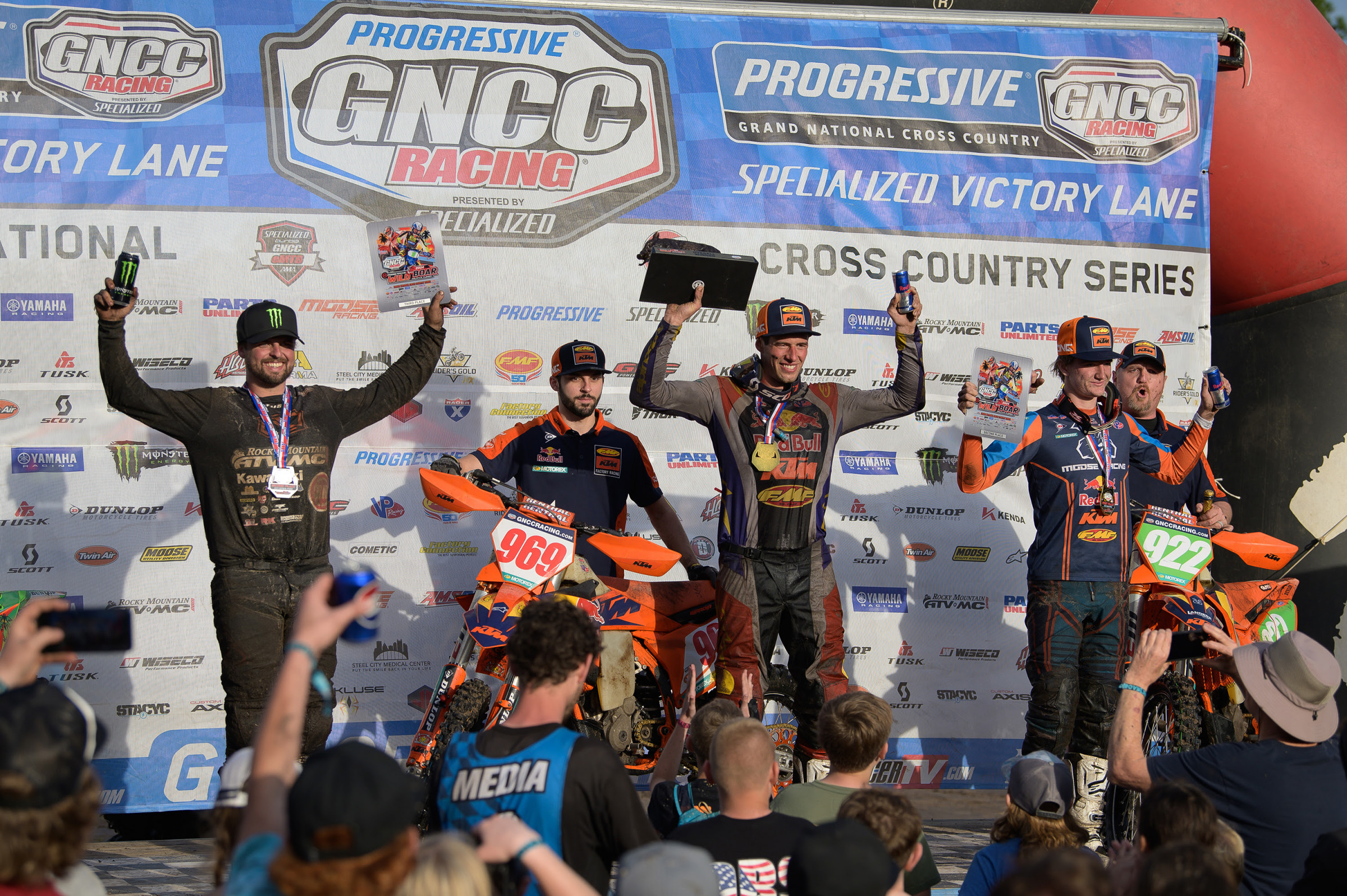 Moose Racing Wild Boar GNCC Overall Podium: Johnny Girroir (center), Grant Davis (right) and Steward Baylor (left). 