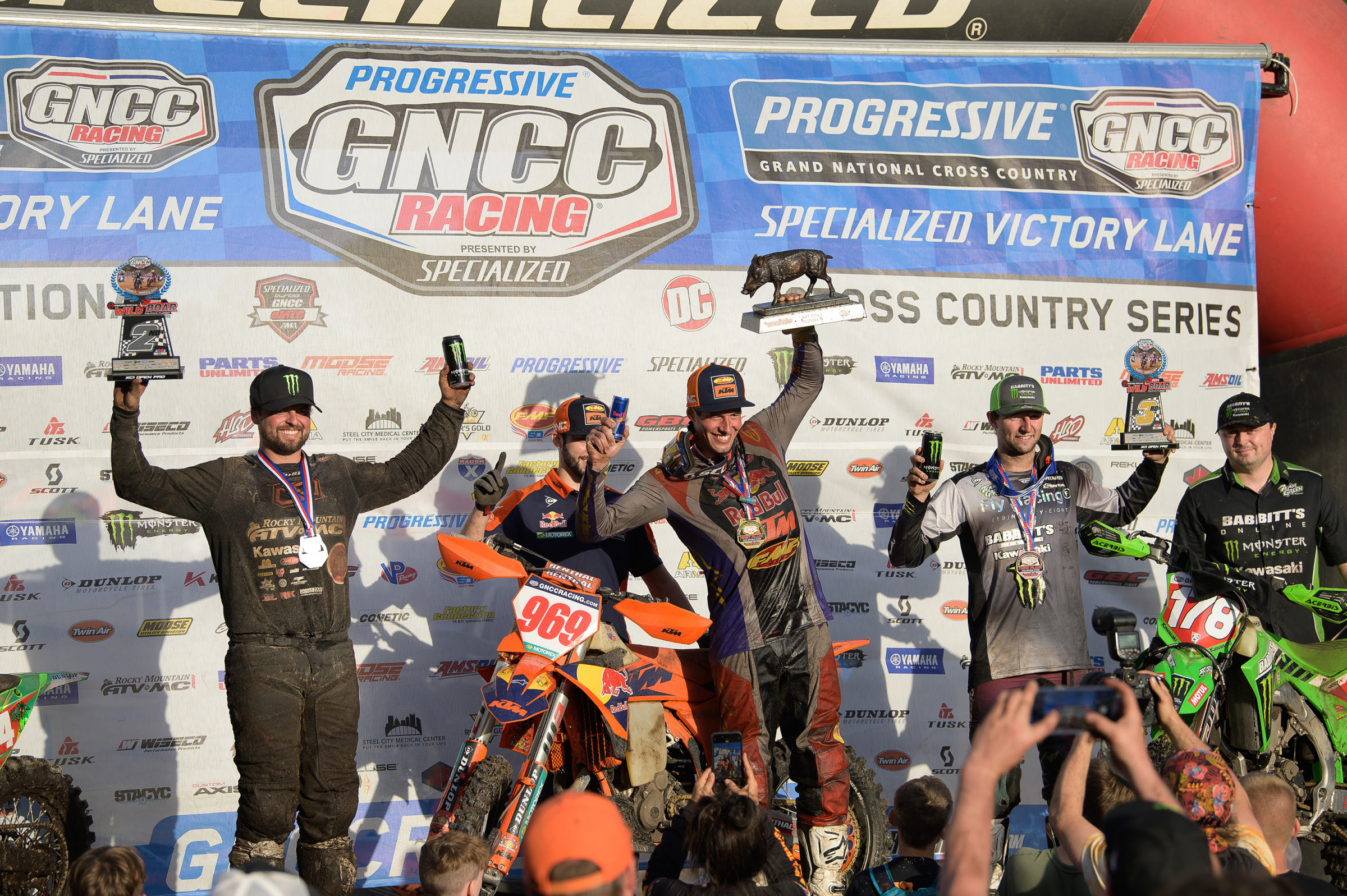 Moose Racing Wild Boar XC1 Podium: Johnny Girroir (center), Steward Baylor (left) and Lyndon Snodgrass (right). 