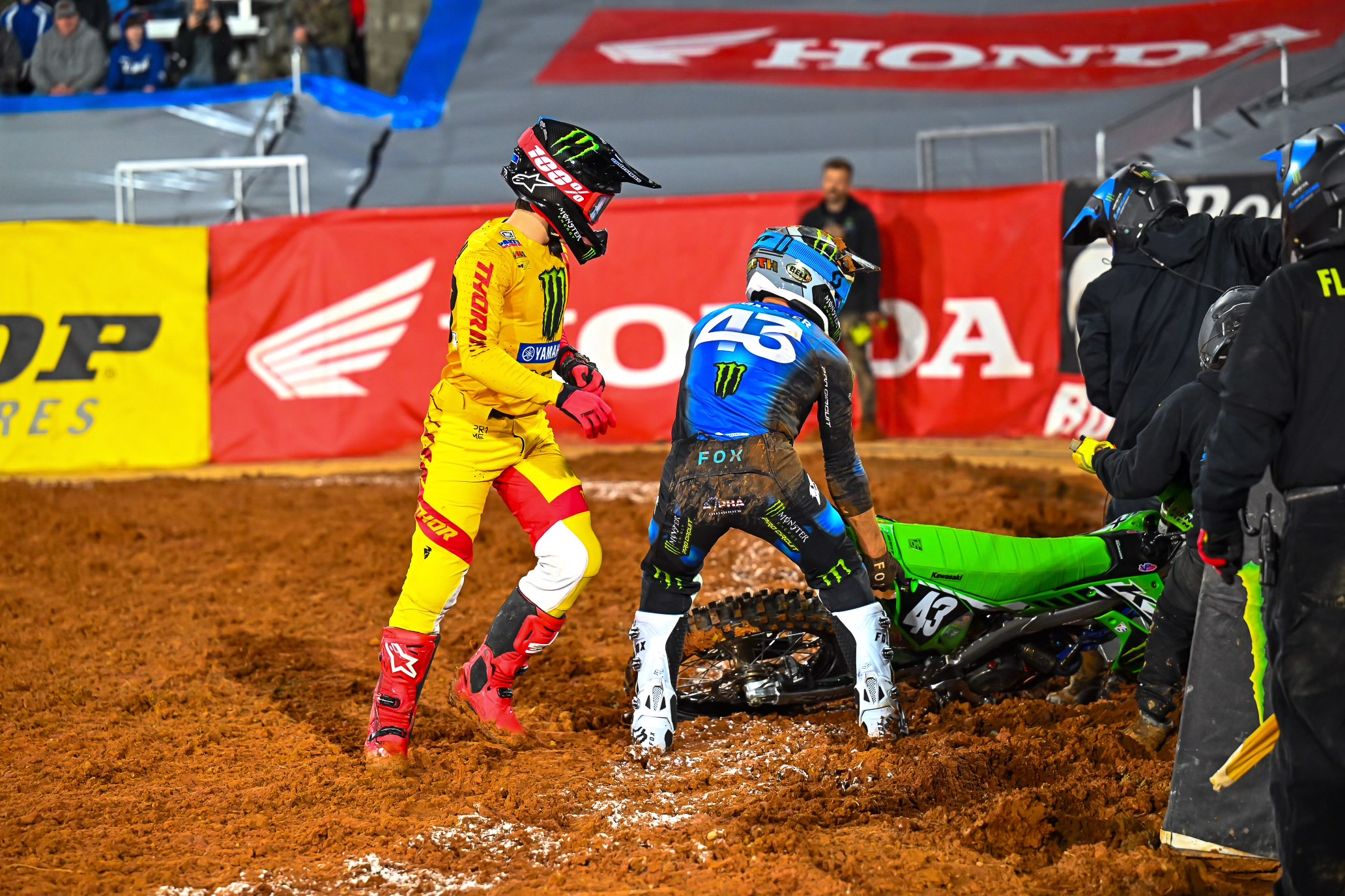 The bikes of Deegan and Hammaker stayed tangled following the crash.