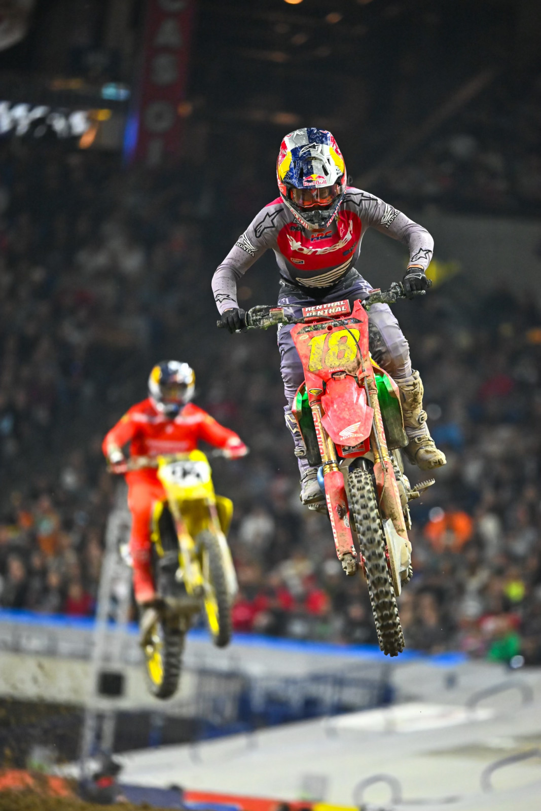 Jett Lawrence starts the night with 1-1 finishes in the 450SX Class.