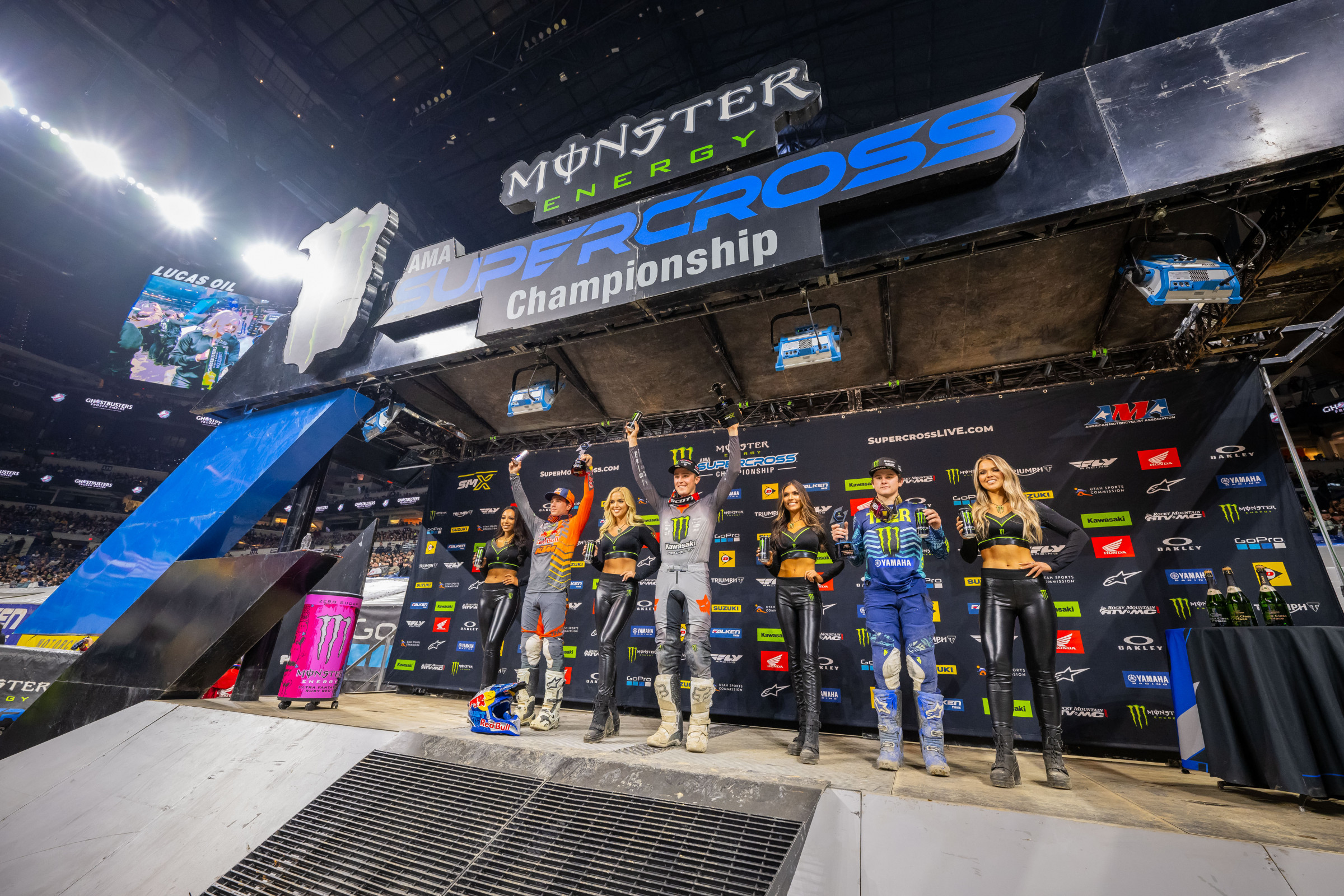 The 2024 Indianapolis Supercross 250SX overall podium.