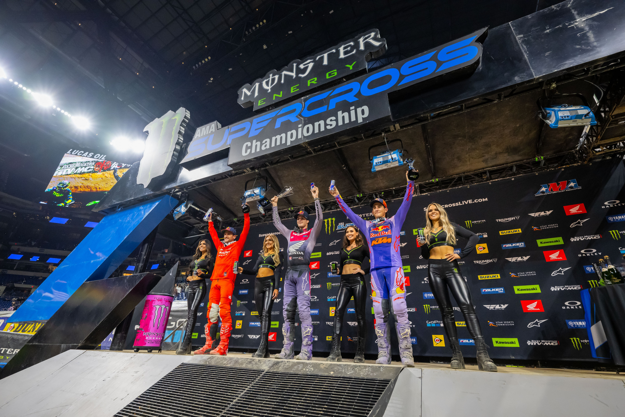 The 2024 Indianapolis Supercross 450SX overall podium.