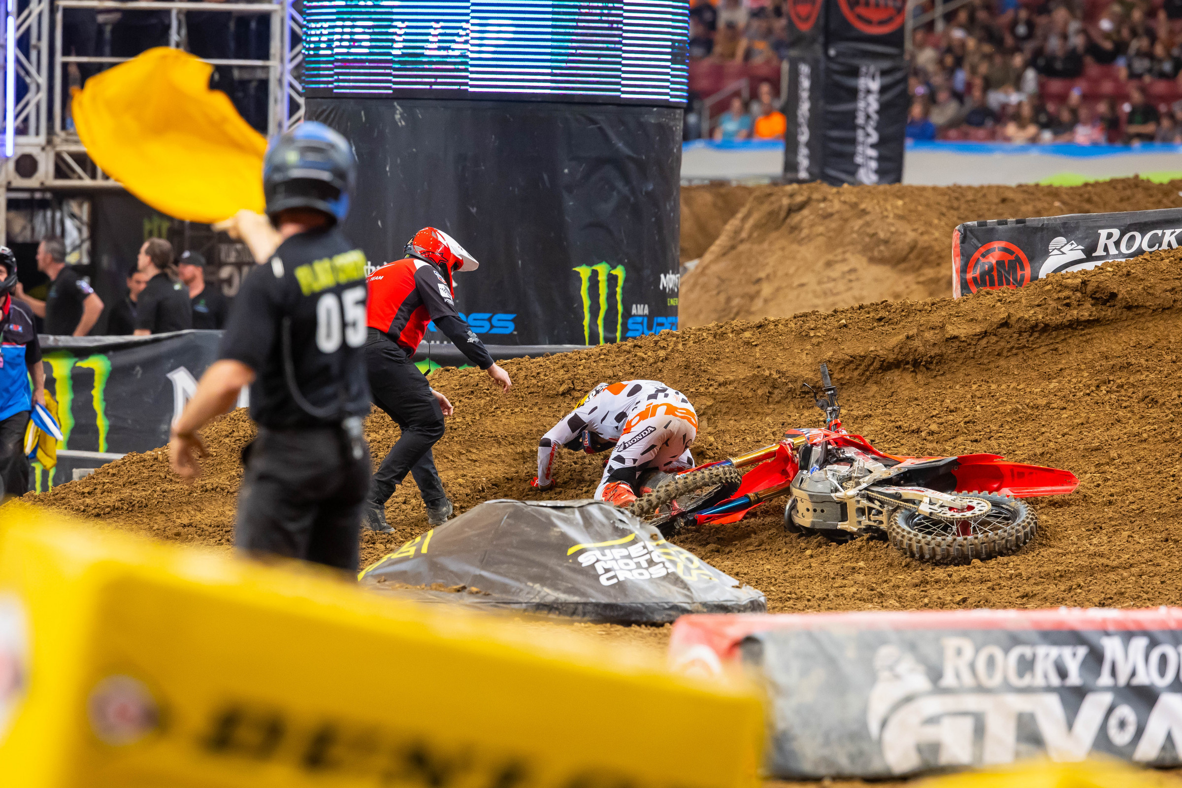 Jett Lawrence hit the dirt in a hurry after getting T-boned by Justin Barcia.