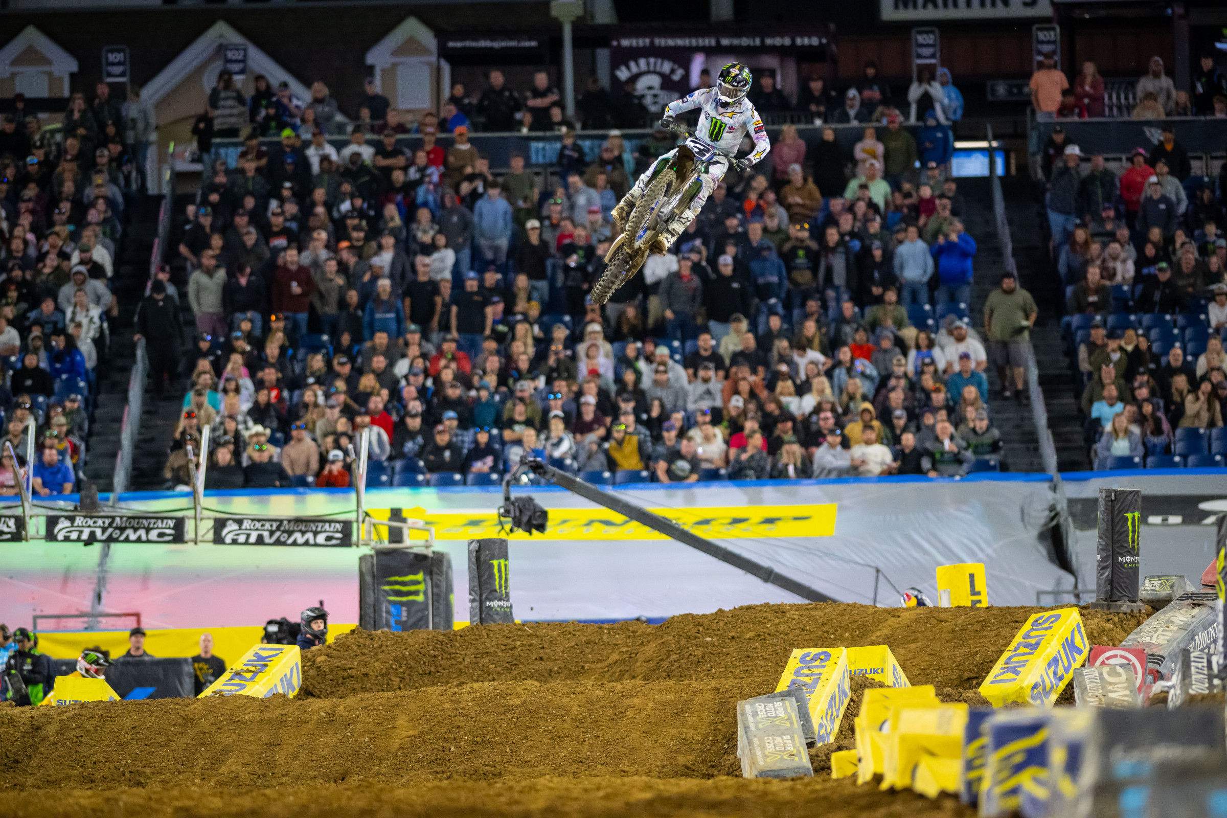 Eli Tomac floating over the triple jump before the whoops. 