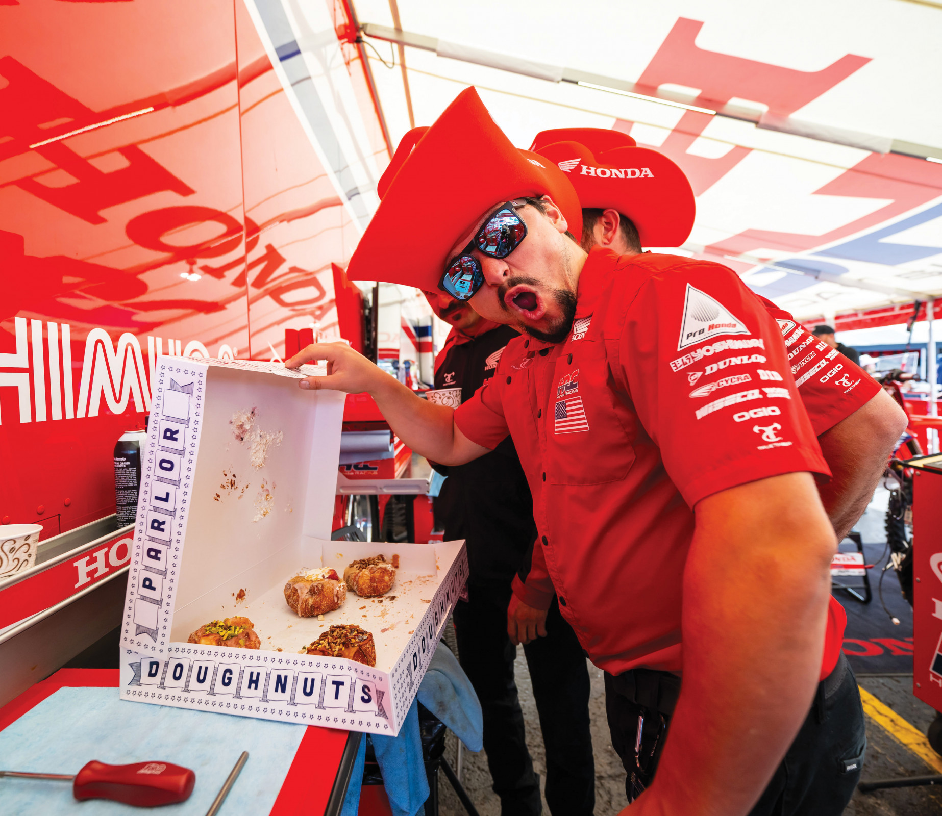 Christien Ducharme shows off yet another one of the perks of wrenching for Jett.