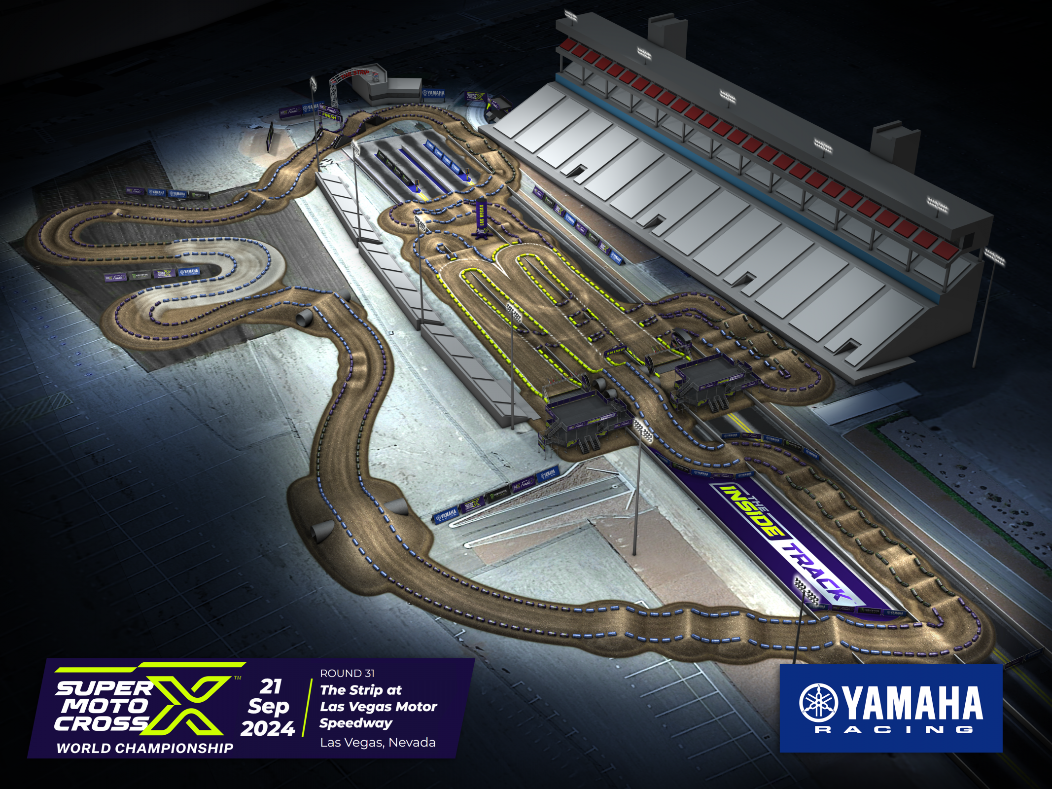 The SuperMotocross World Championship track map illustrates the Inside Track VIP Platforms set behind the dual-start gate and exclusive inside track viewing area.
