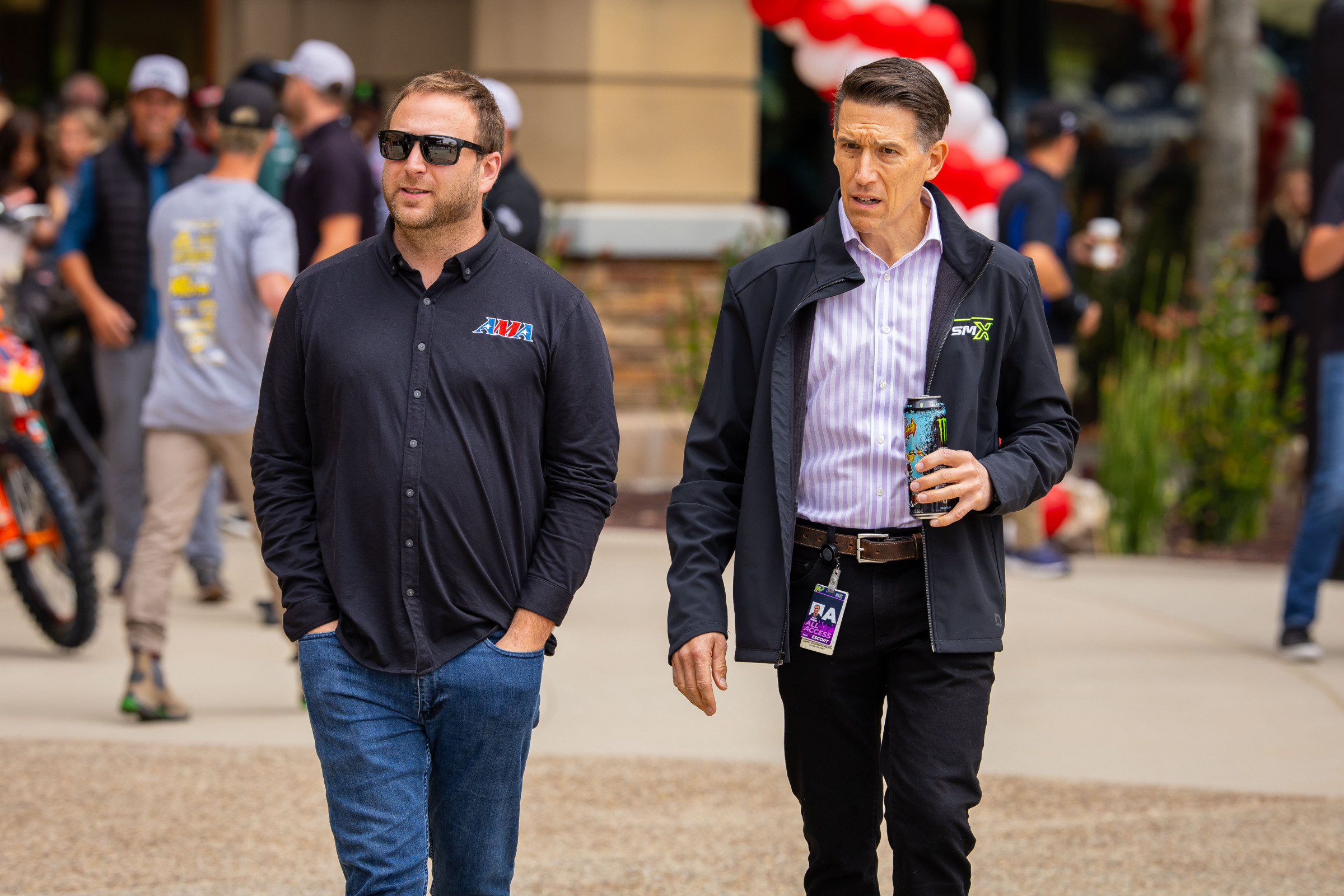 Stephen Yaros (right) with the AMA's Mike Pelletier at the 2024 Fox Raceway National AMA Pro Motocross Championship opener in May.